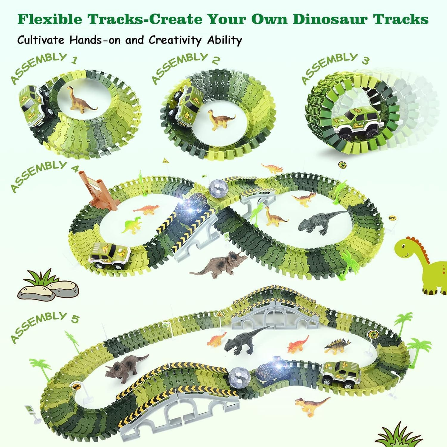 Dinosaur Toys, 279PCS Dinosaur Race Track Train Toy with 4 Dino Cars, 6 Dino Toys, 279 Track Set,C Reate a Dino World Road Race, Toys for Boys Kids Toddlers 3 4 5 6 7 8 10+ Year Old & Up image number 4