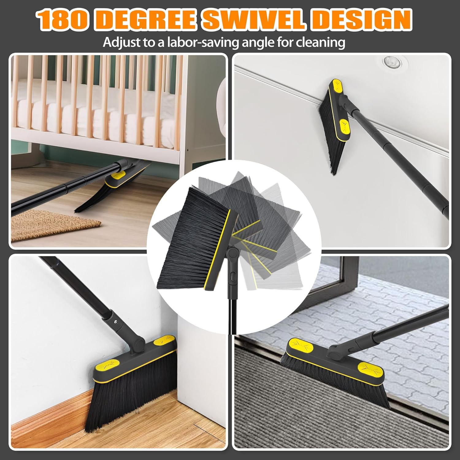 JEHONN Broom and Dust Pan, 138 Cm Long Handle Swivel Brush, Upright Foldable Dustpan with Comb Teeth for Home Kitchen Lobby Indoor Floor Cleaning (Black & Yellow) image number 4