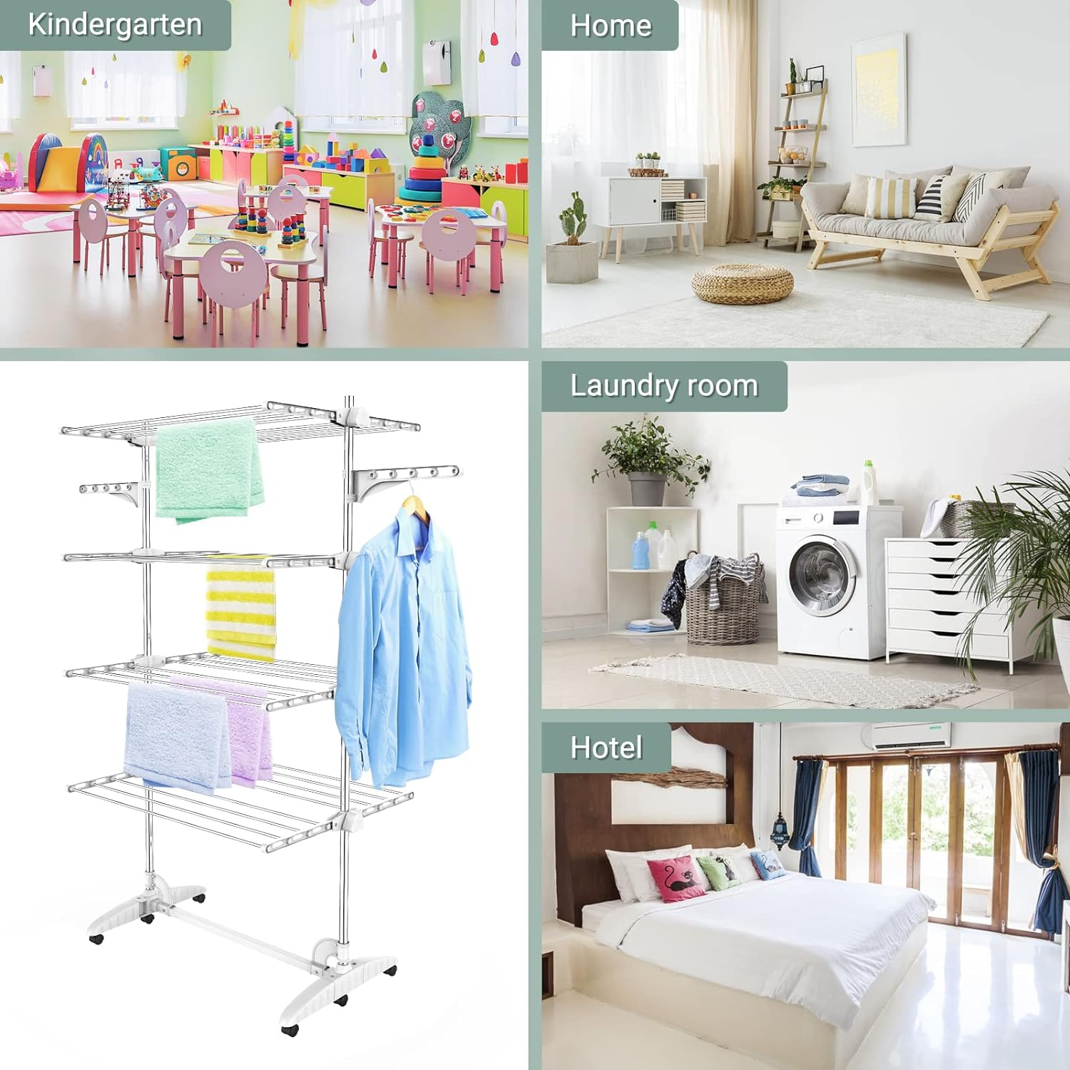 Todeco - Laundry Drying Rack, Clothes Airer - Material: Stainless Steel Tubes - Maximum Load: 6.7 Lbs per Support Bar - 4 Shelves, White, with Wings image number 6