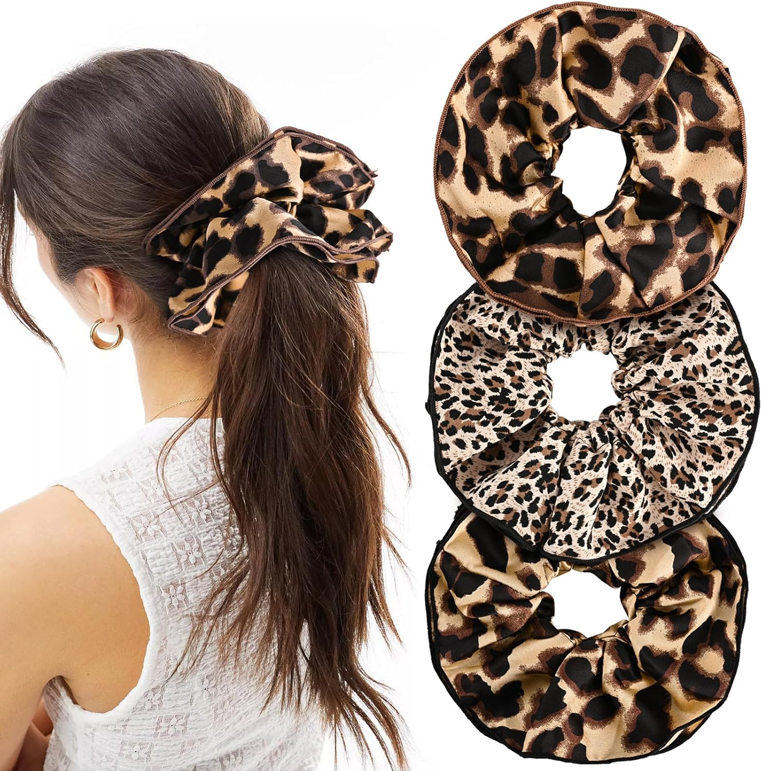 Mtuihfo 3 PCS Leopard Print Scrunchie, Oversized Scrunchies Satin Elastic Giant Hair Accessories Animal Print Gifts for Thick Curly Hair Women Girls Ponytail Holders Hair Ropes image number 2