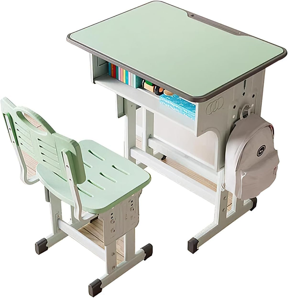 Adjustable Height Children Kids Study Desk and Chair Set, XICEN Multifunctional School Student Writing Desk Study Table and Chair Set with Storage Drawer (Green) - Burlywood image number 5