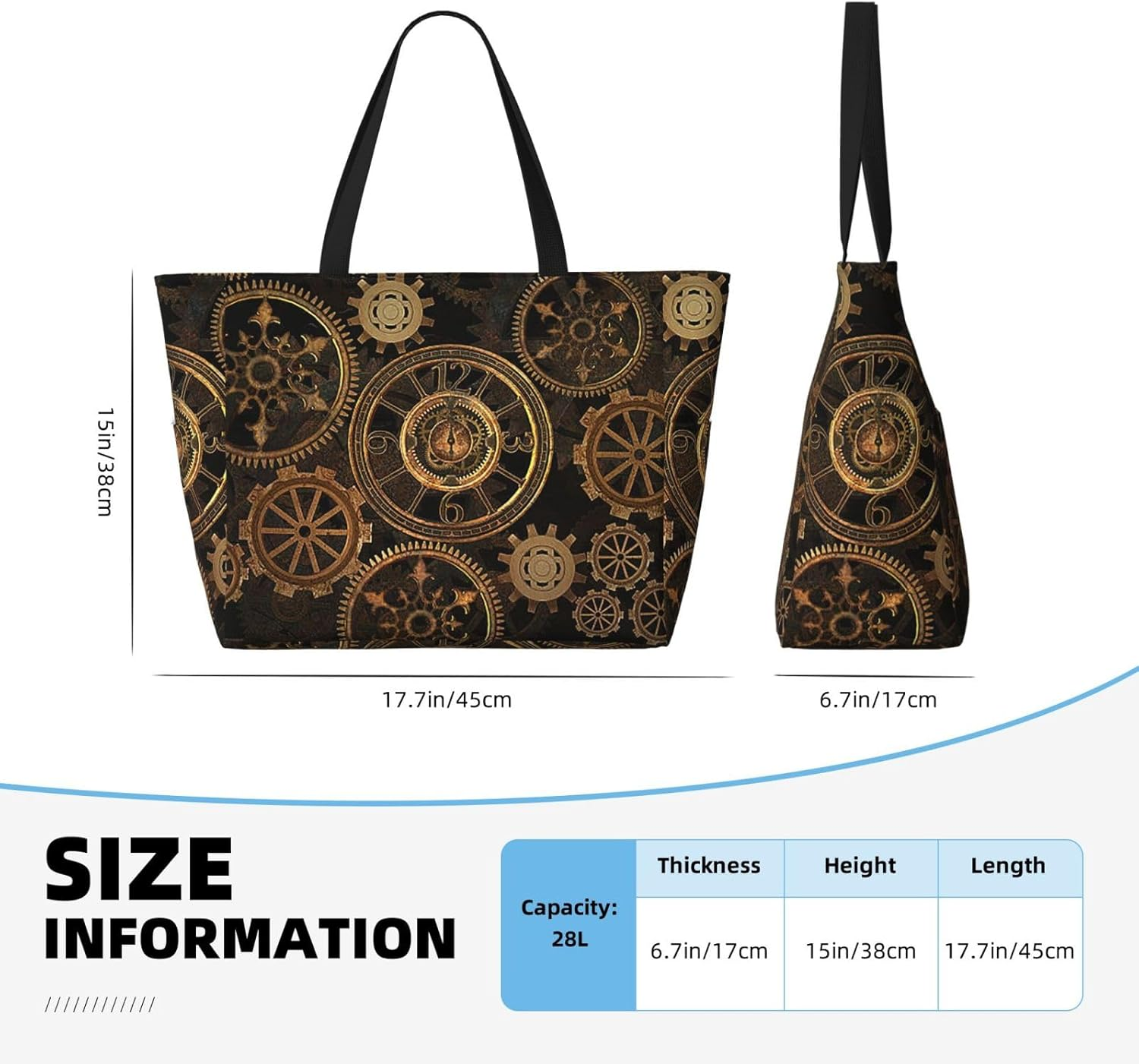 OAZCVBNN Gears Clock Bronze Century Print Reusable Bag Stylish Summer Lightweight Vacation Picnic Gym Camping Versatile Use image number 3