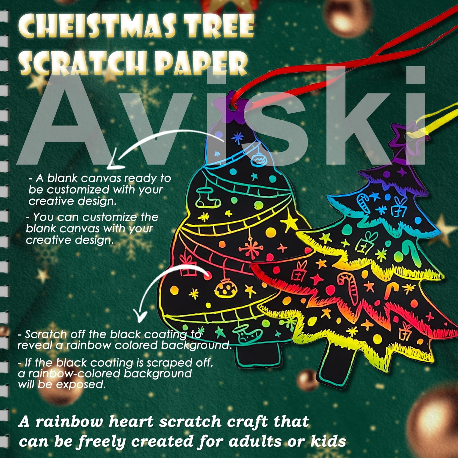 96Pcs Christmas Tree Scratch Art Kit - Rainbow Color Scratch Ornaments - Hanging Craft Art Kits with Wooden Stick and Ribbon - for Kids Christmas Winter Party Favors image number 1