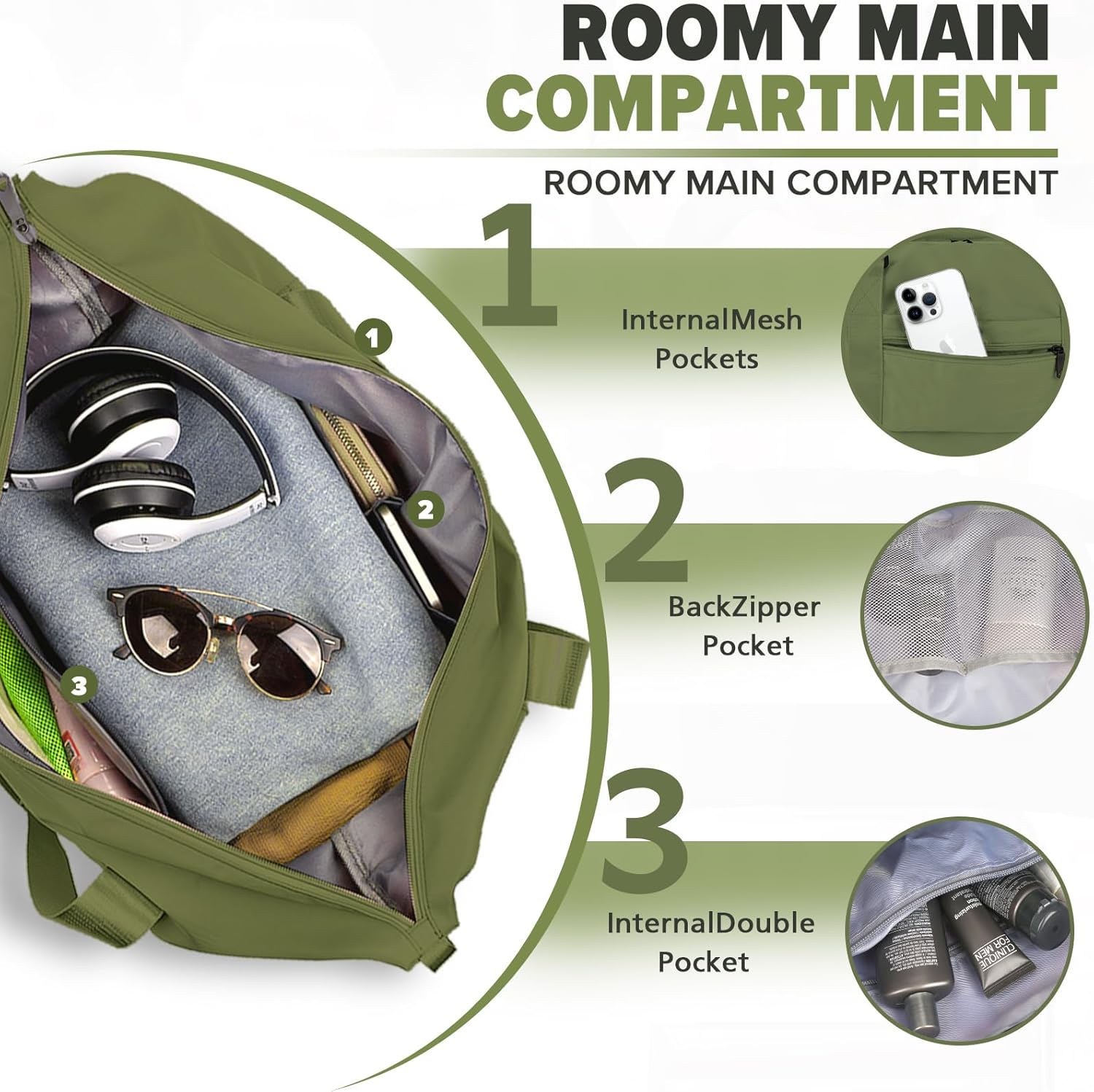 Travel Duffel Bag, Weekender Travel Bag Men Small Gym Bag for Women, Hospital Bag for Labor and Delivery, Overnight Bag Luggage Bag with Trolley Sleeve, Airplane Travel Essentials for Flying, Green - Arpicot Yellow image number 3