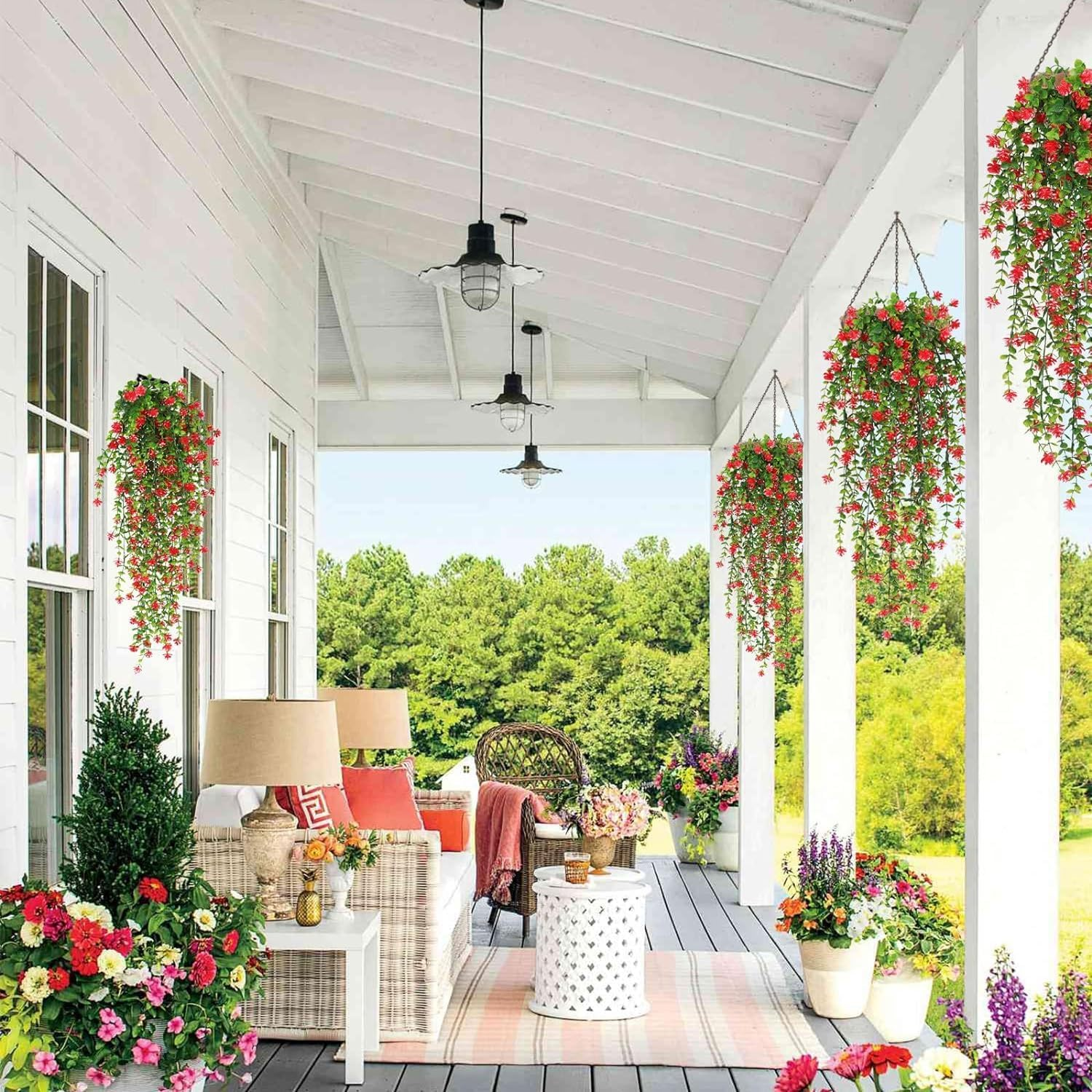 AU7042-3 2 Artificial Hanging Flowers Eucalyptus UV Protection Fake Plants Vine Hanging Flowers Plastic Green Home Garden Wedding Party Indoor and Outdoor Decoration Red (Excluding Plates) image number 3