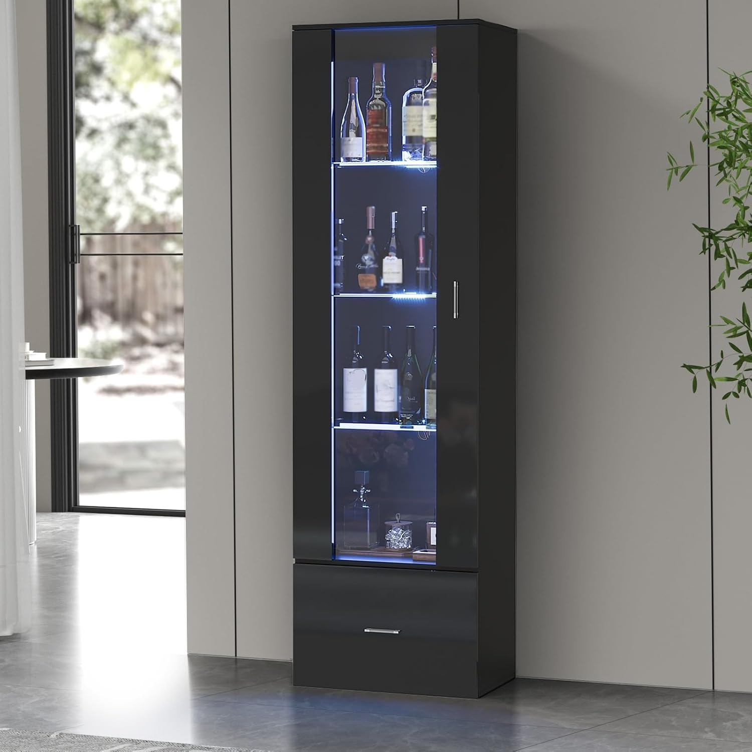 Oikiture Display Cabinet with 4 Shelves and Drawer Sideboard Buffet Storage Cabinet Wine Cabinet Black