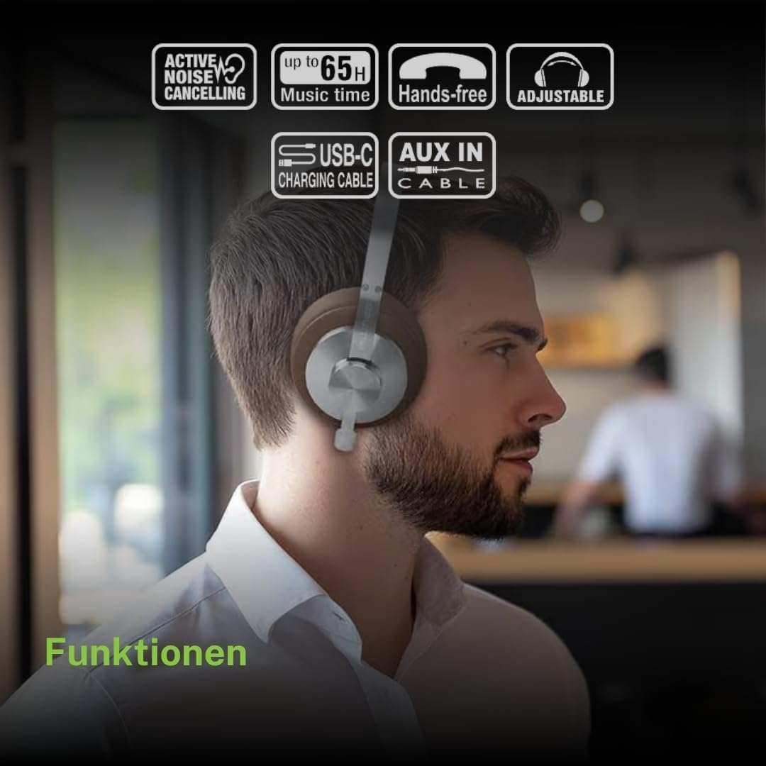 Muse M-298 SBR Bluetooth Headphones, ANC Noise Cancelling Over-Ear with 66 Hours Battery Life, USB-C, AUX & Hands-Free Function, Comfortable Headband image number 5