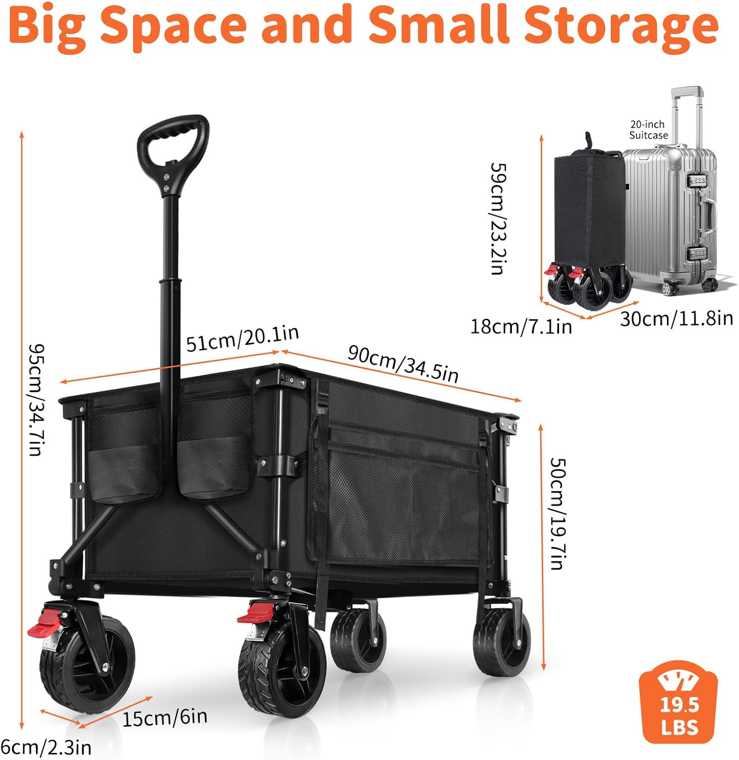 BELEEV Collapsible Wagon Cart, Heavy Duty Foldable Utility Cart with 6" All-Terrain Big Wheels, 130L Large Capacity, Side Pocket & Drink Holders for Beach Grocery Garden Camping Sports Shopping(Black) image number 2