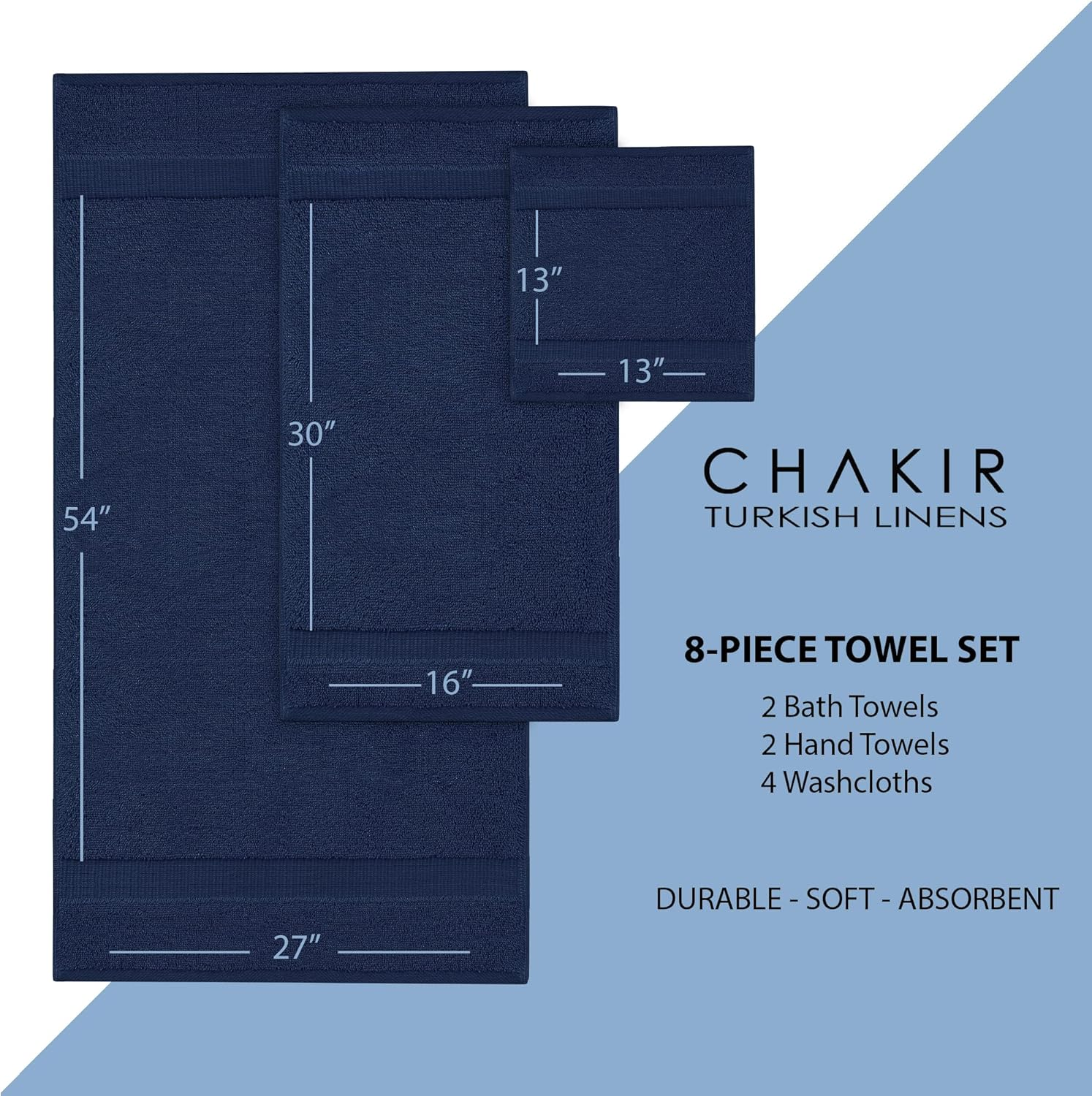 Chakir Turkish Linens | Hotel & Spa Quality 100% Cotton Premium Turkish Towels | Soft & Absorbent (8-Piece Towel Sets, Navy Blue) image number 3