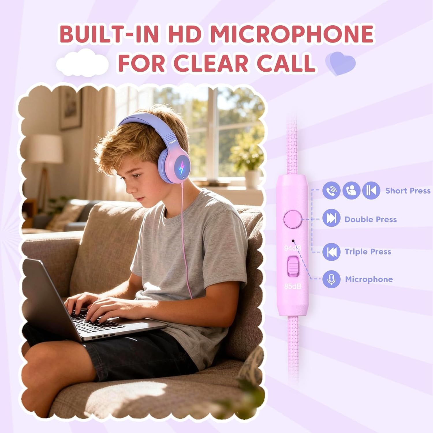 Cowyawn Kids Headphones Wired with Microphone, USB Type C Kid Headphone with LED Lights, 85/94Db Volume Limit, Over-Ear Wired USB C Headphones for Boys/Girls/School/Travel/Ipad, Purple-Pink Gradient image number 5