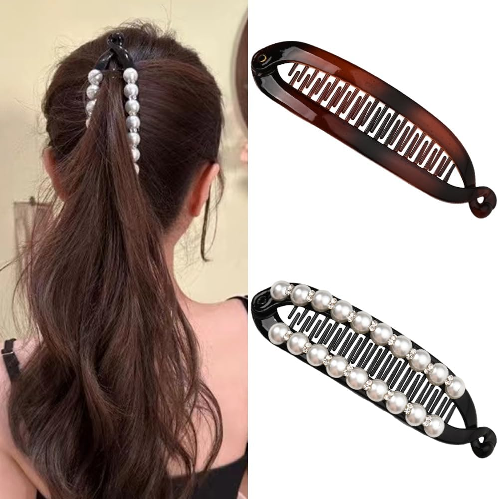 Pearl Banana Hair Clips for Girls French Comb Clip Black Banana Claw Clip Fish Hair Clips for Girl Non Slip Ponytail Holders Banana Clip for Thin Thick Hair Accessories Banana Barrettes 2Pcs