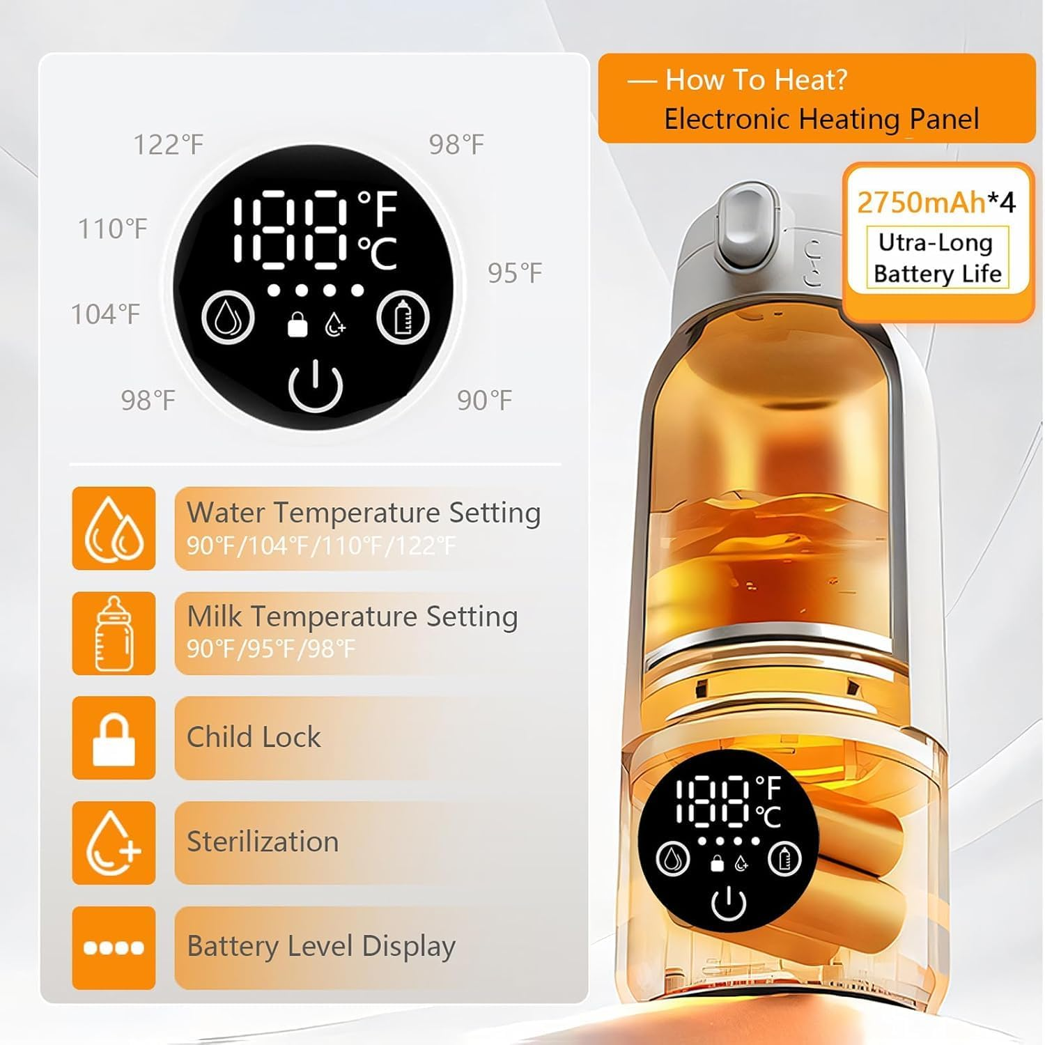 AMEIJIE Portable Milk Warmer for Travel, 500ML Cordless Bottle Warmer with 2 Min Rapid Heating & USB-C Rechargeable & Precise Temp Control, for Outdoor, Car, Airplane Use