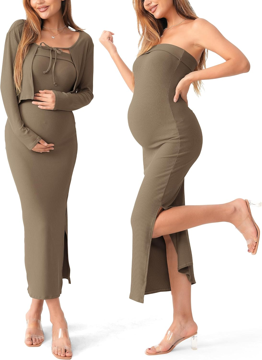 SUNNYBUY Baby Shower Maternity Tube Dress Short Cardigan Bodycon Ribbed Maxi Dress Casual 2 Piece Pregnancy Outfit Set