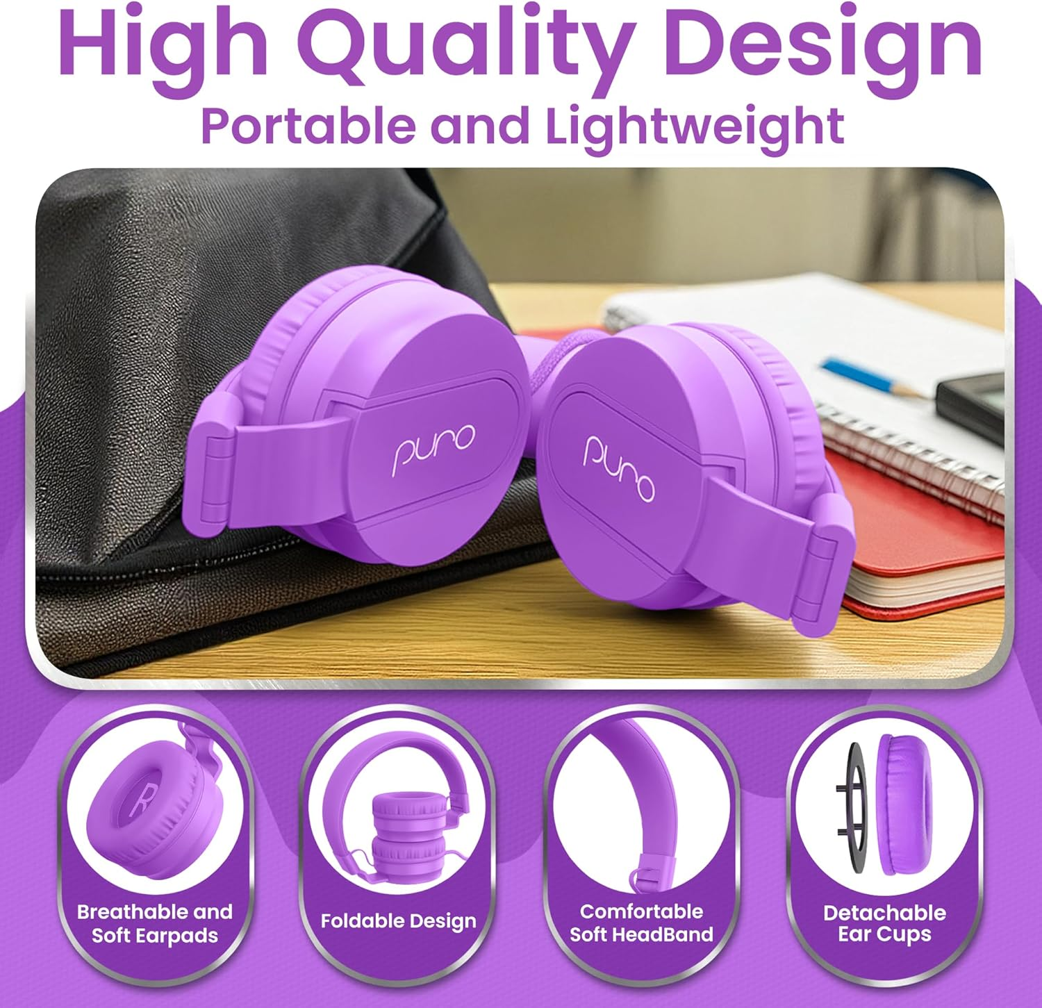 Puro Sound Labs Purobasic Volume Limiting Wired Headphones for Kids, Boys, Girls 2+ Foldable & Adjustable Headband W/Microphone, Compatible with Ipad, Iphone, Android, PC & Mac, Purple image number 6