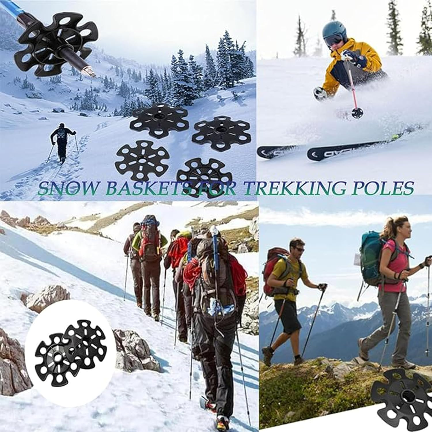 6-Piece Removable Mud Ski Basket Set for Trekking Poles - Snow and Sand Baskets with Rubber Mud Ski Walking Stick Cap Guard Replacement - Essential Hiking Accessory in Black image number 3