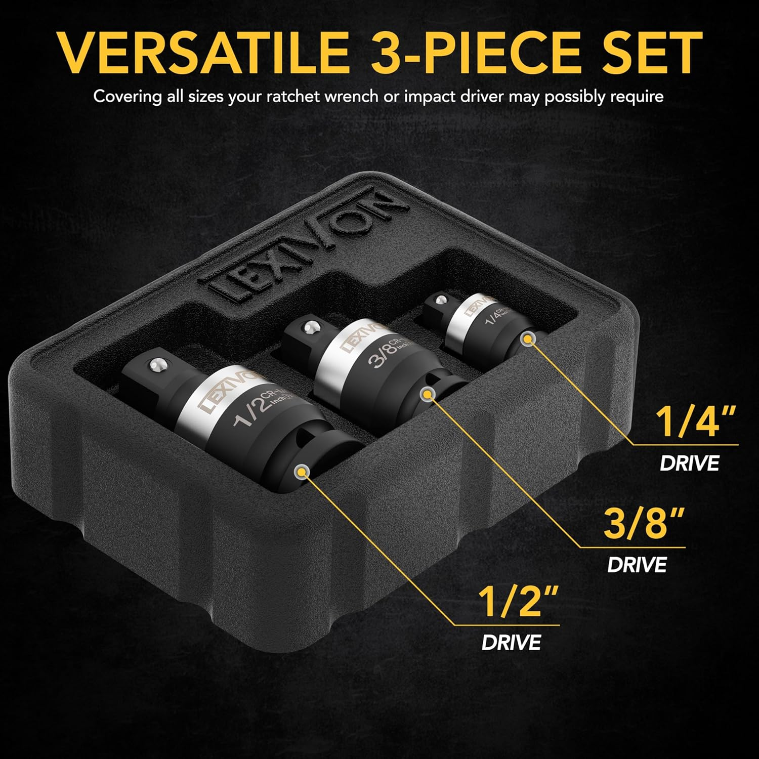 LEXIVON Impact Universal Joint - Patented SLIM Design | 3-Piece 1/2", 3/8", and 1/4" Socket Swivel Set | Chrome-Molybdenum Steel Full Impact Grade (LX-113-S)