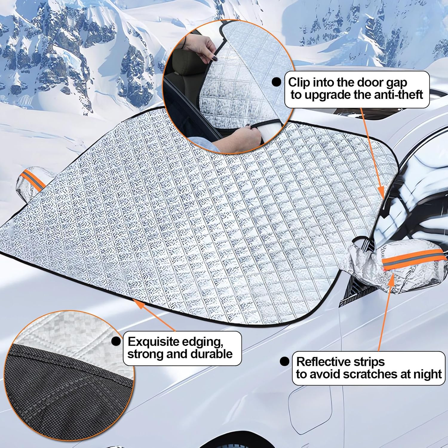 Car Windshield Sun Shade, Sunshade Front Window Automotive Covers, Magnetic Windshield Cover, Car Windscreen Cover with Side Mirror Cover, 145 * 110Cm, Waterproof, Thicker Material for Any Weather image number 2