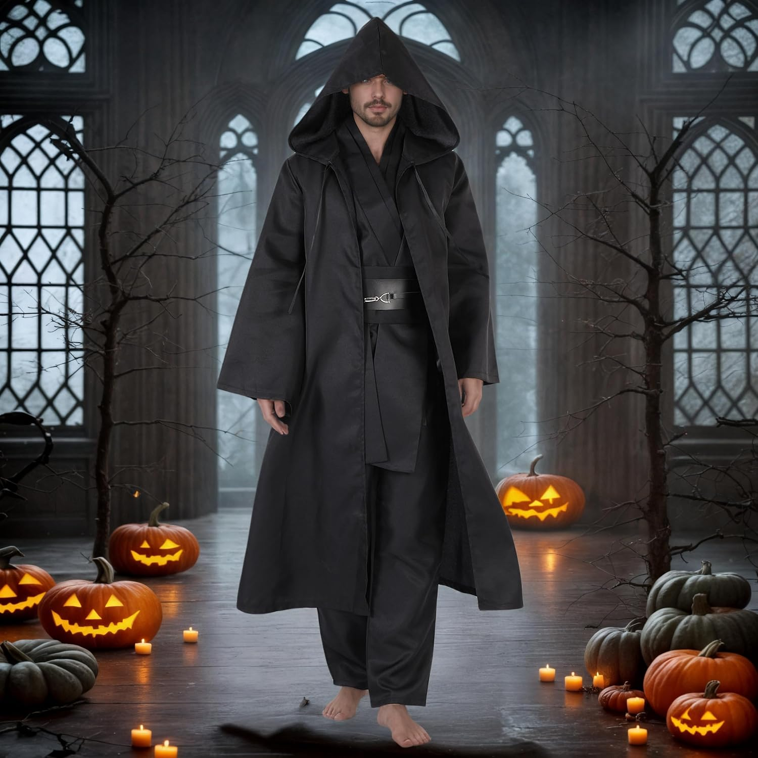 COSOUKE Hooded Cloak Halloween Medieval Costumes Wizard Robe Cape Men Knight Fancy Cool Cosplay Costume image number 5