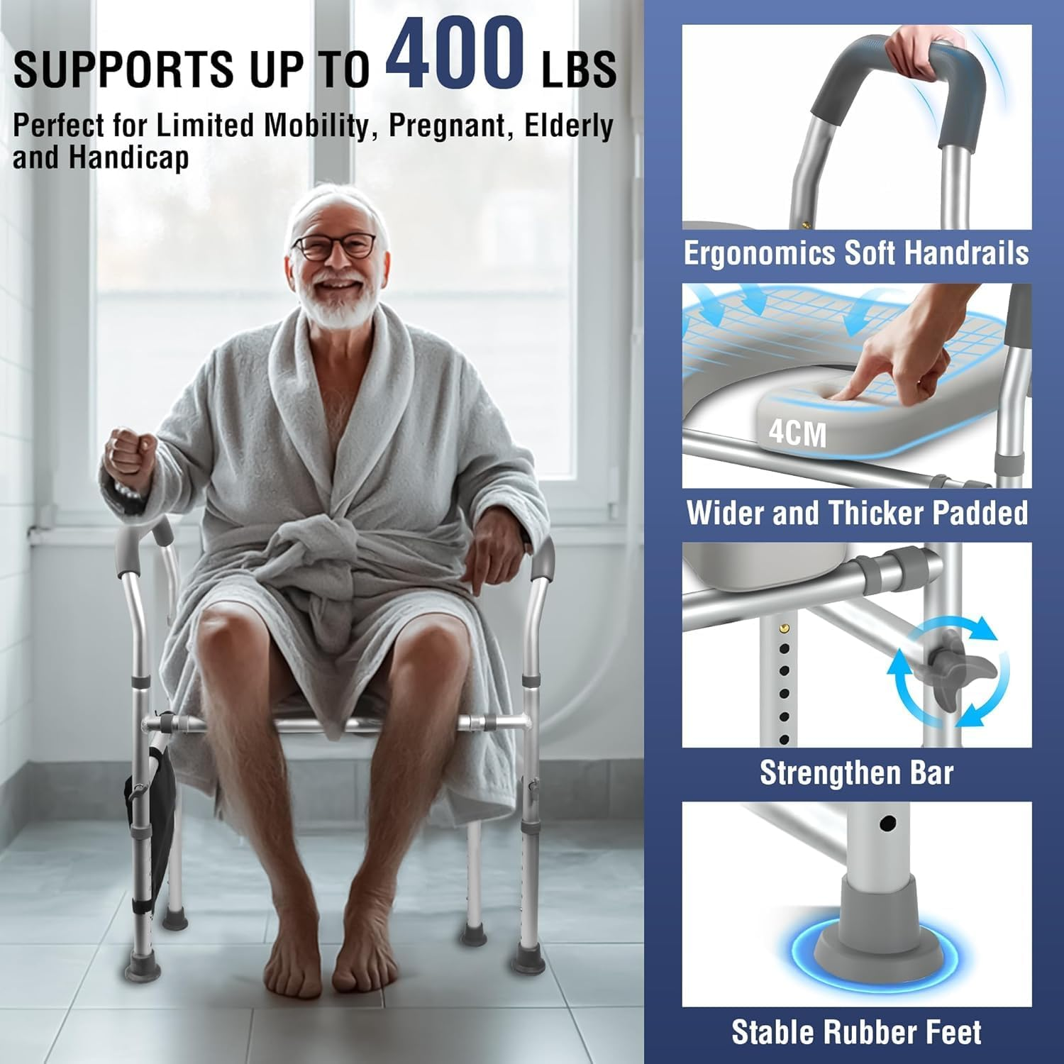 Raised Toilet Seat with Handles, Width & Height Adjustable Raised Toilet Seat, FSA/HSA Eligible 400Lb Armrests & Wide Seat, Standard Raised Toilet Seat for Seniors, Pregnant, Handicap, Fit Any Toilet