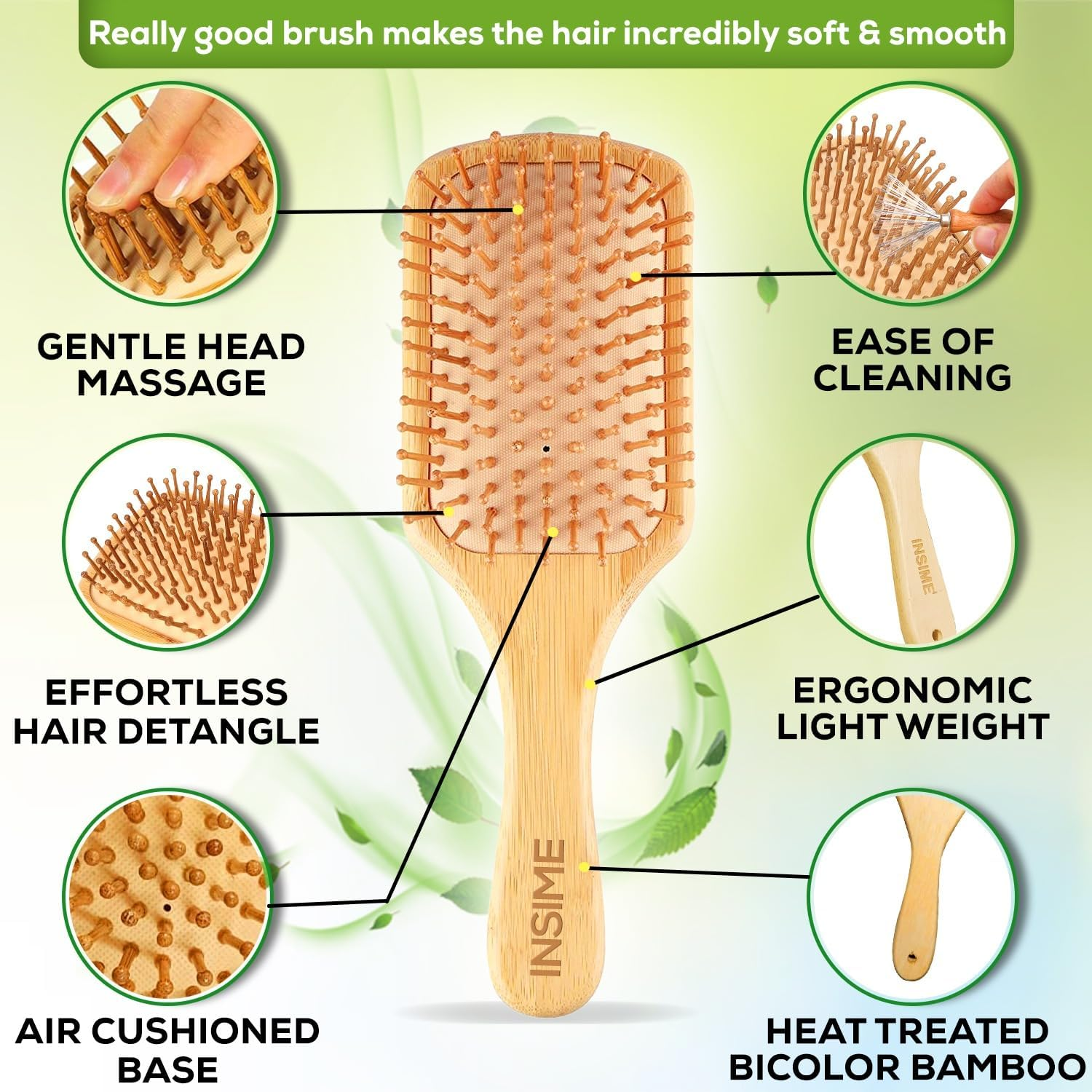INSIME Bamboo Hair Brush with Bristles | Wooden Paddle Brush for Women & Men | Large Hairbrush