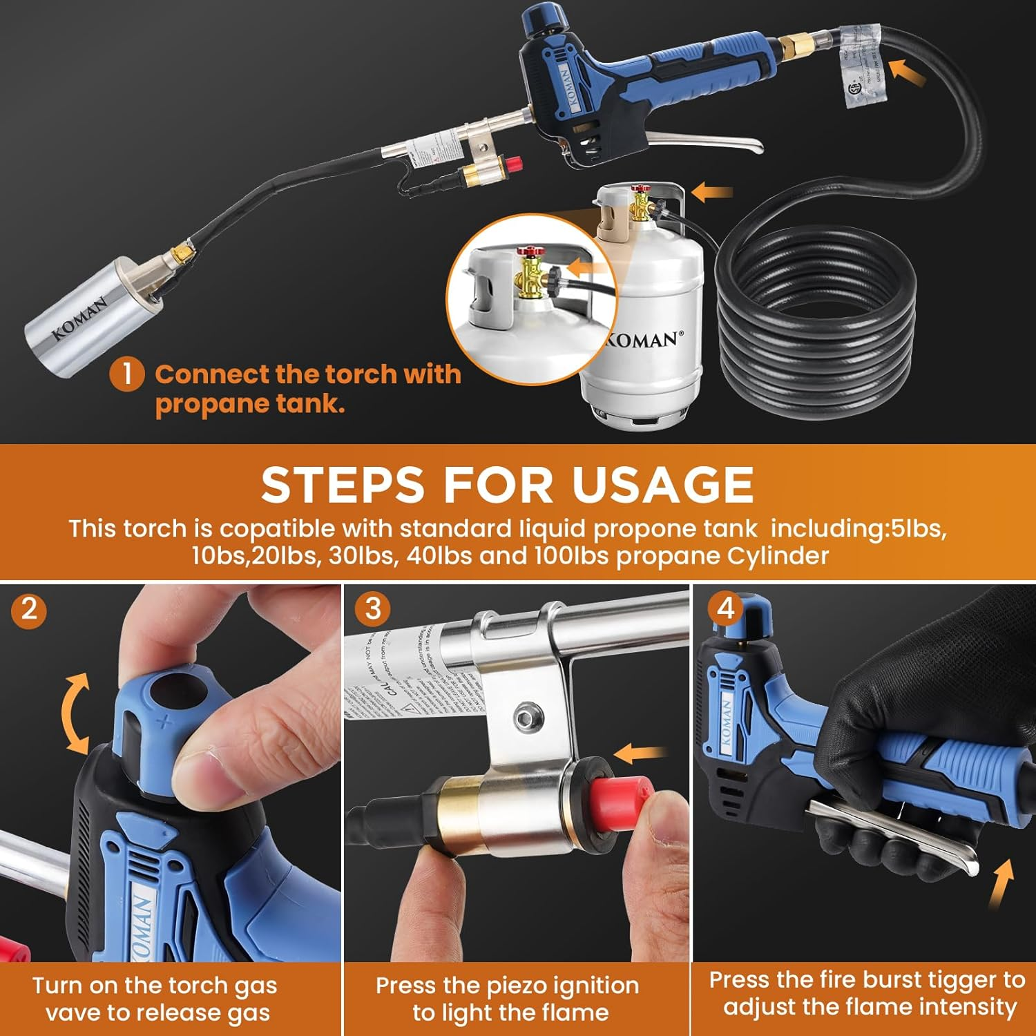 KOMAN Propane Torch Weed Burner,Weed Burner Torch Flamethrower with 9.8 FT Hose,Blow Torch 500,000 BTU, Self Igniting Flame Weeder for Weeding,Roof Asphalt,Ice Snow,Road Marking image number 4