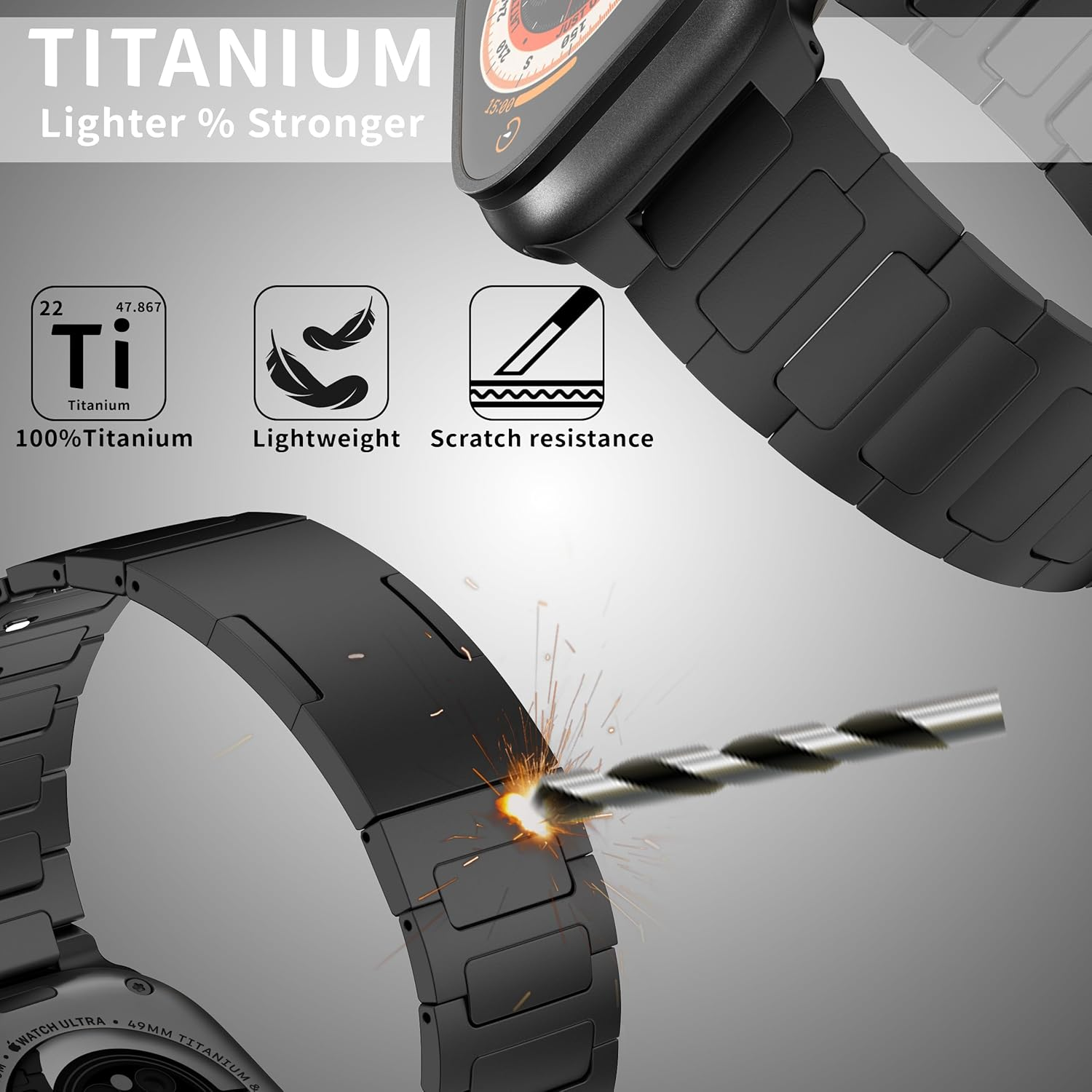 Zumyzu Titanium Bands Compatible with Apple Watch Ultra 3/2/1 Series 11 10 9 8 7 6 5 4 SE, Band for Apple Watch 49Mm 46Mm 45Mm 44Mm, 49G Lightweight Pure Titanium Metal Strap for Iwatch - Black image number 2