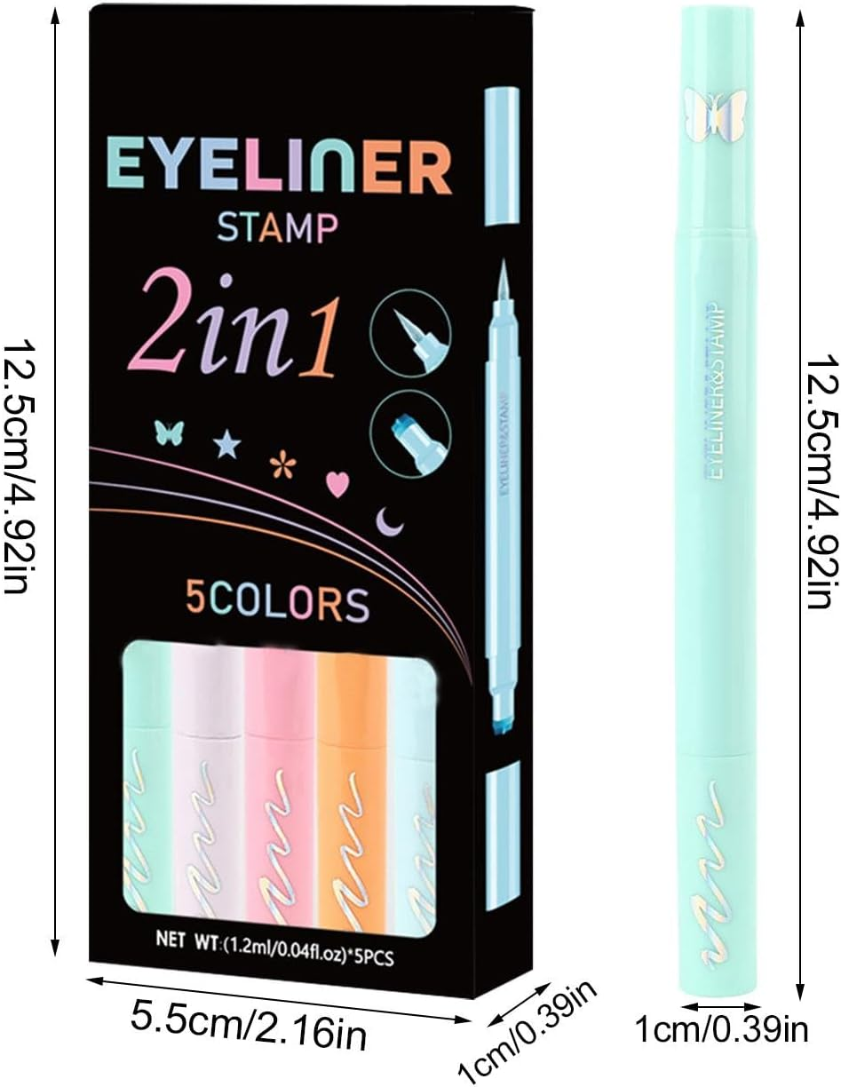 5-Piece Liquid Colored Eye Liner Stamps, Winged Eye Liner Stamp, Waterproof Eye-Lid Makeup Pen Set, Long-Lasting/Quick-Drying, Double-Ended 2In1 Pens, 1.2Ml for Daily, Casual, Festival Makeup image number 5