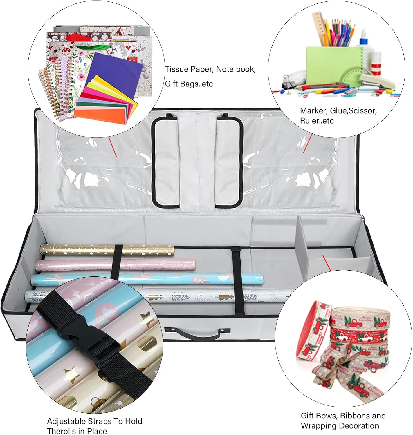 Large Wrapping Paper Storage Box for Christmas Wrapping Paper Holder Fits up to 24 Rolls Durable 600D Oxford Fabric with Extra Pockets for Accessories Packing Roll Storage Containers, Grey image number 6