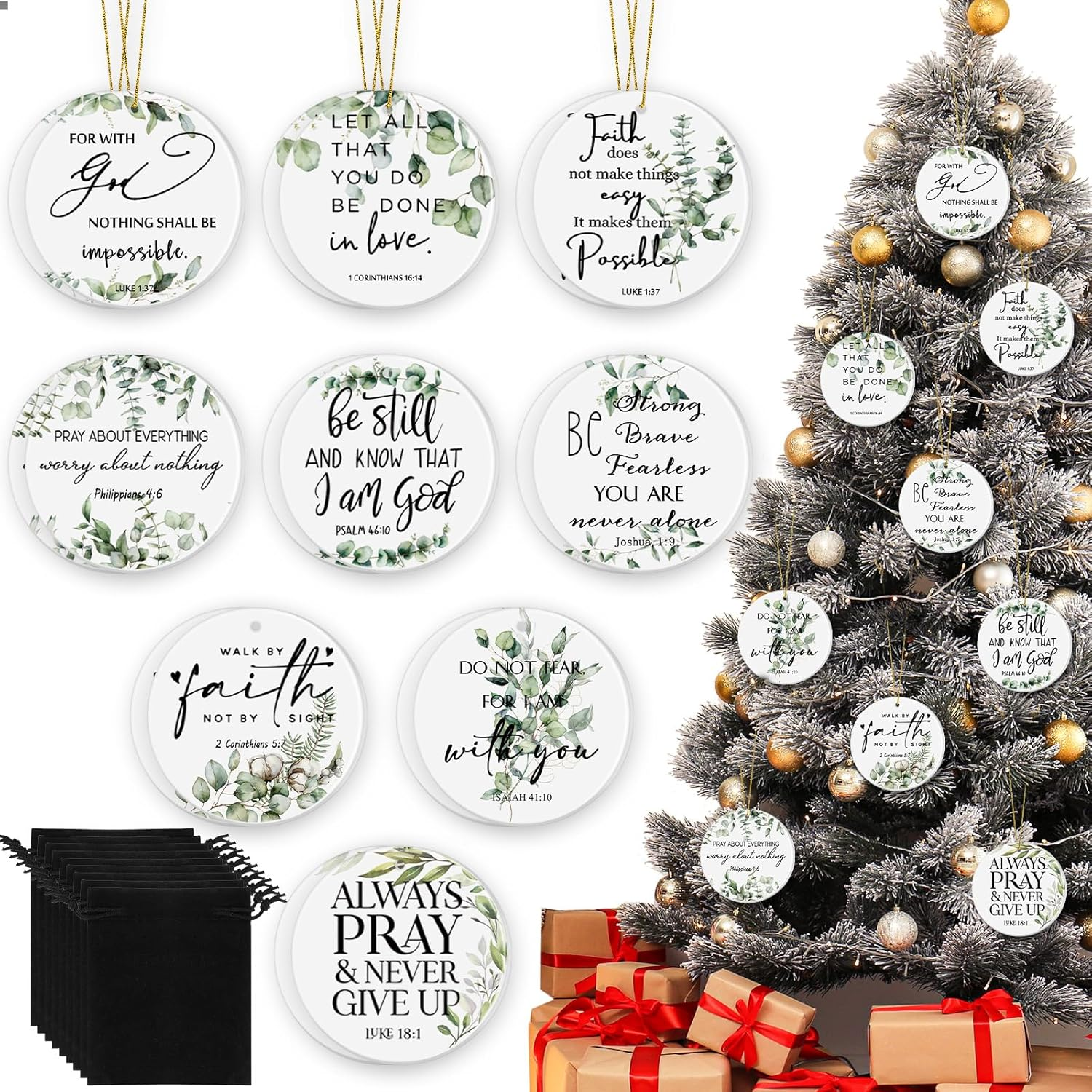 Fumete 18 Pcs Christmas Double Sided Printing Religious Ornaments Bulk Christian Ceramic Hanging Ornaments Bible Verse Inspirational Quote Botanical Plant Green Leaves round Flat Decor Church Gift image number 6