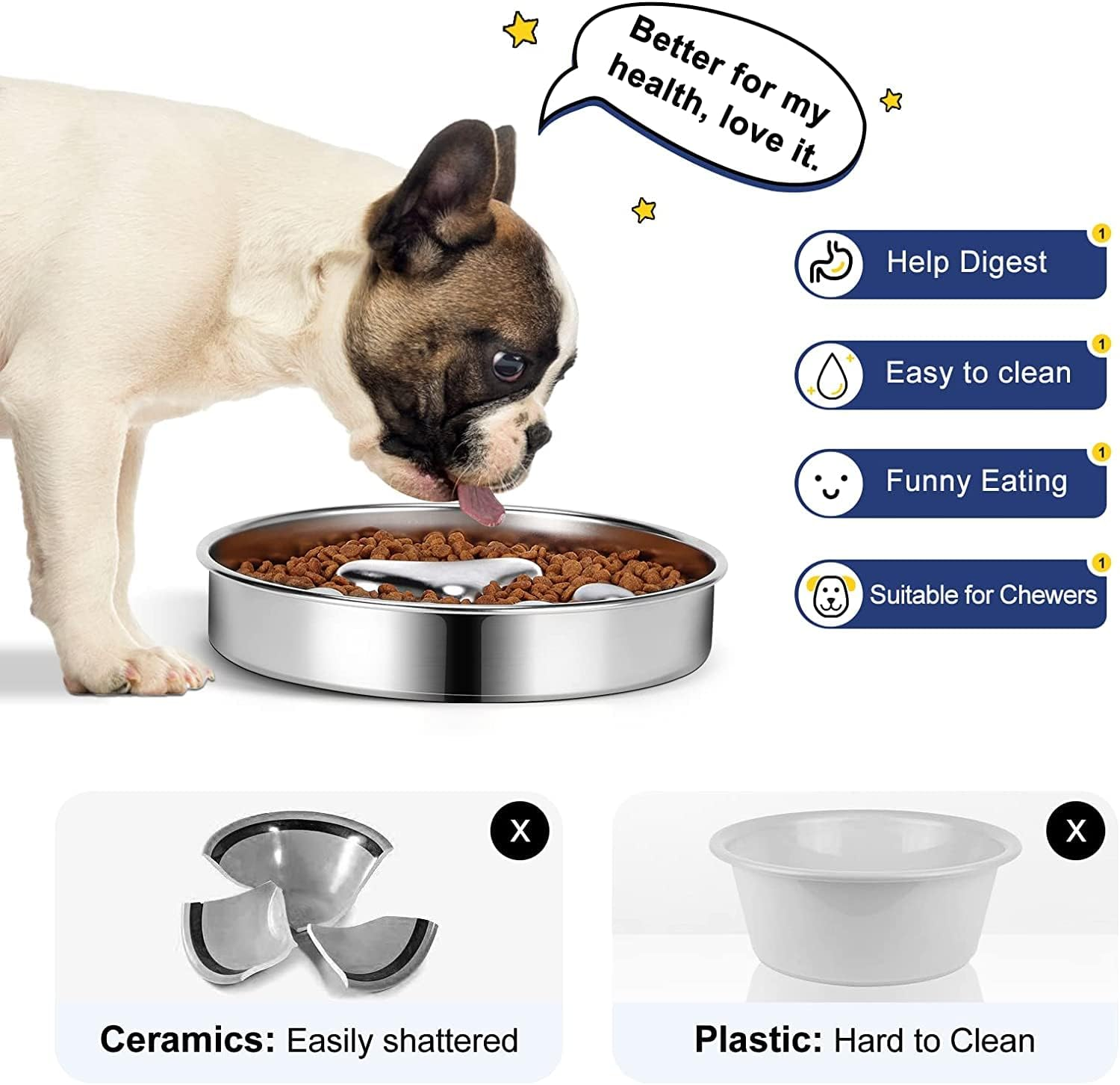 KUOHAI Slow Feeder Dog Bowls 304 Stainless Steel, 2 Cups Metal Dog Food Bowls, Dog Water Bowl for Small & Medium Sized Dogs, Fun Bloat Stop Pet Bowl for Fast Eaters