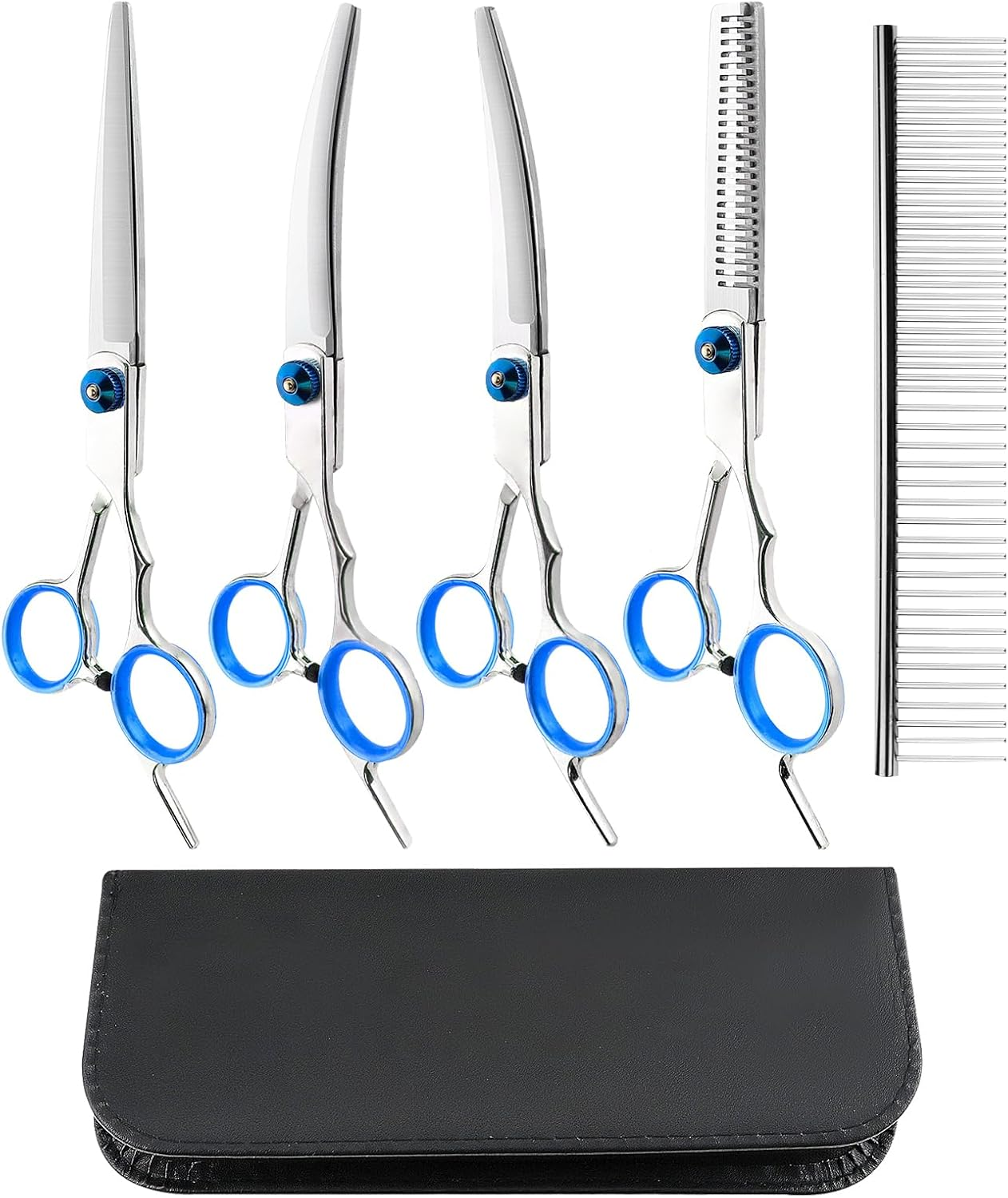 Dog Scissors, 5-In-1 Dog Scissors Set, Dog Shears, Curved, Stainless Steel Dog Grooming Set, with Steel Comb and Leather Case for Dogs, Cats, Pets image number 6