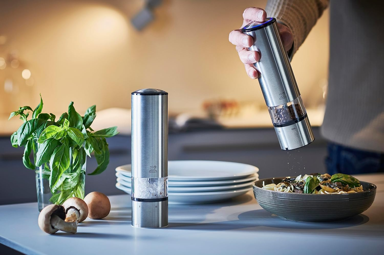 Peugeot Elis Sense Duo Electric Pepper and Salt Mill with Alpha Tray, Brushed Nickel, Large, 2/27162 image number 2