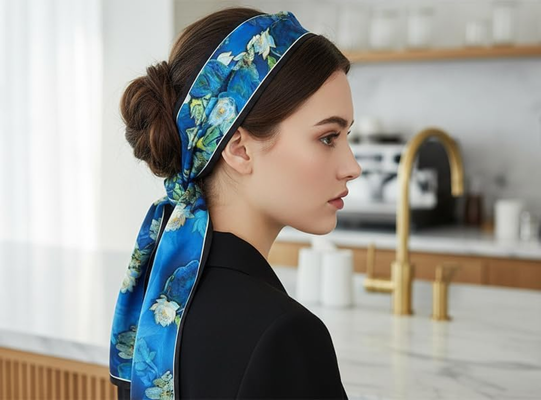 ANDANTINO 100% Silk Scarf for Women 59&rdquo;*6.3&rdquo; Long Shawls for Headscarf and Neck- Oblong Hair Wraps with Gift Packed - Bluewhite Lilies image number 5