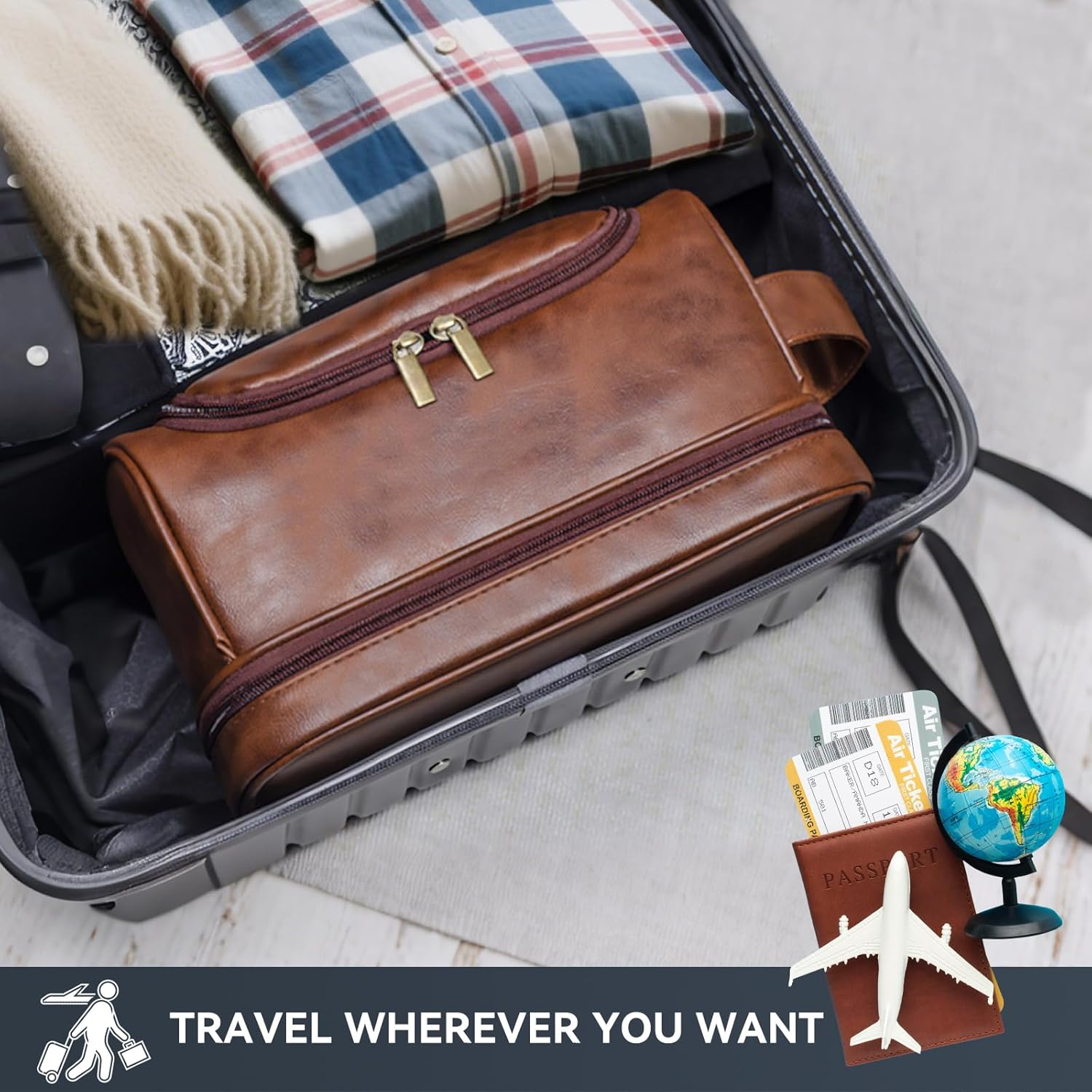 Toiletry Bag for Men, Large Leather Travel Pouch Bag with Hanging Hook,Travel Essentials Dopp Kit, Men'S Shaving Grooming Kit,Gifts for Father, Dad, Boyfriend, Grandpa, Shaving Kit image number 1