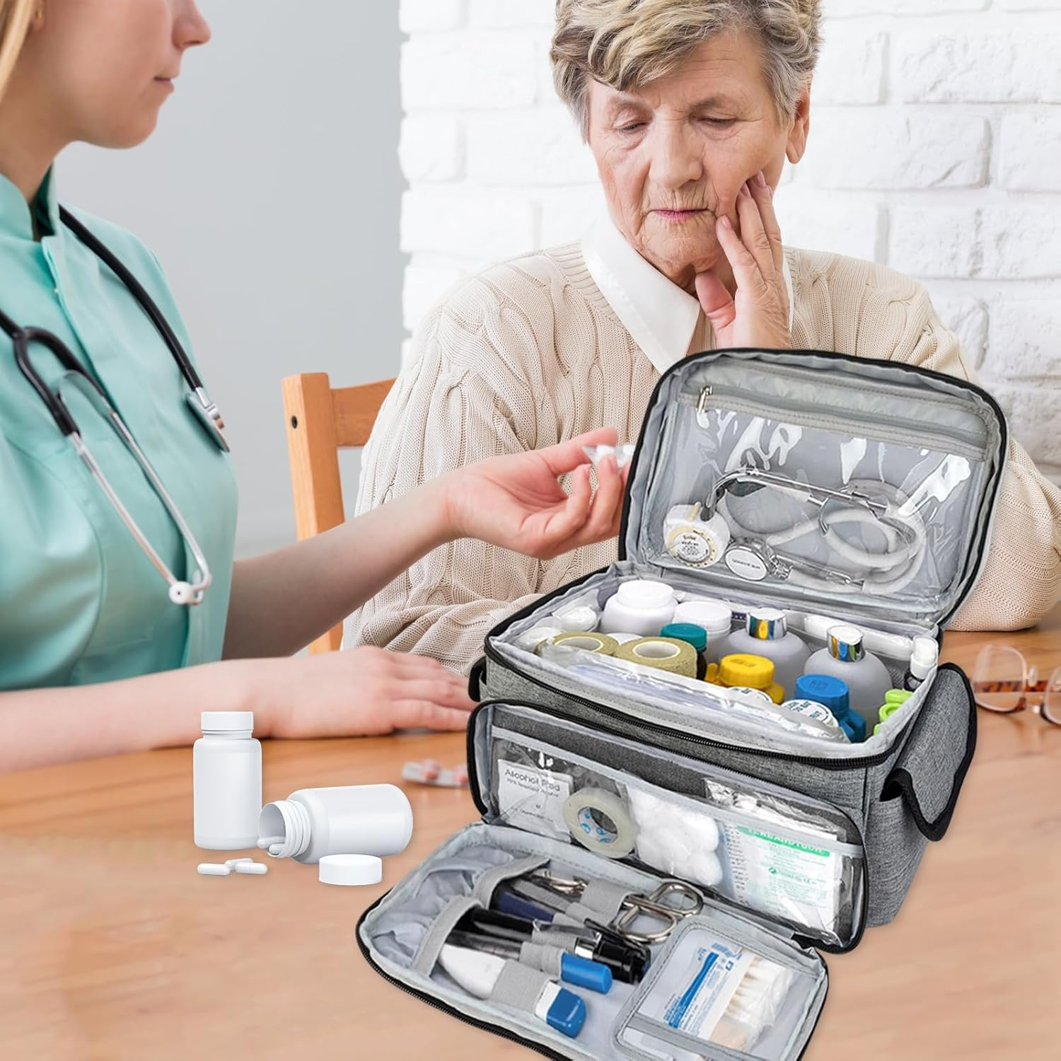 Medical Bag-Empty First Aid Bag, Emergency Kit, Nurse Bag, Large Capacity Medicine Organizer with Multiple Compartments for Home Visits, Home, Travel (Grey) image number 1