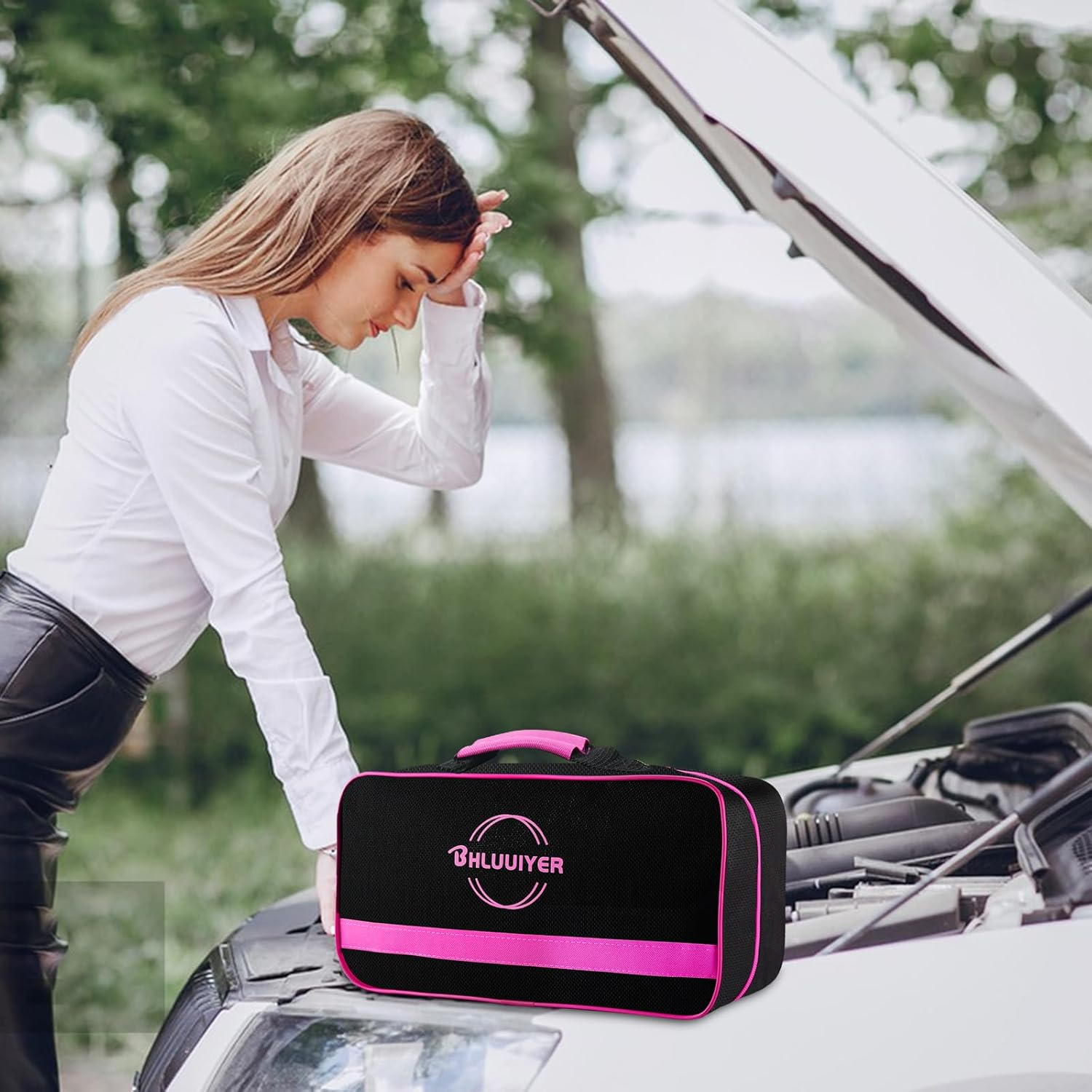 BHLUUIYER Car Emergency Kit, Pink Roadside Emergency Car Kit with Jumper Cables, Tow Rope, Safety Hammer, Pink Car Accessories for Women image number 1