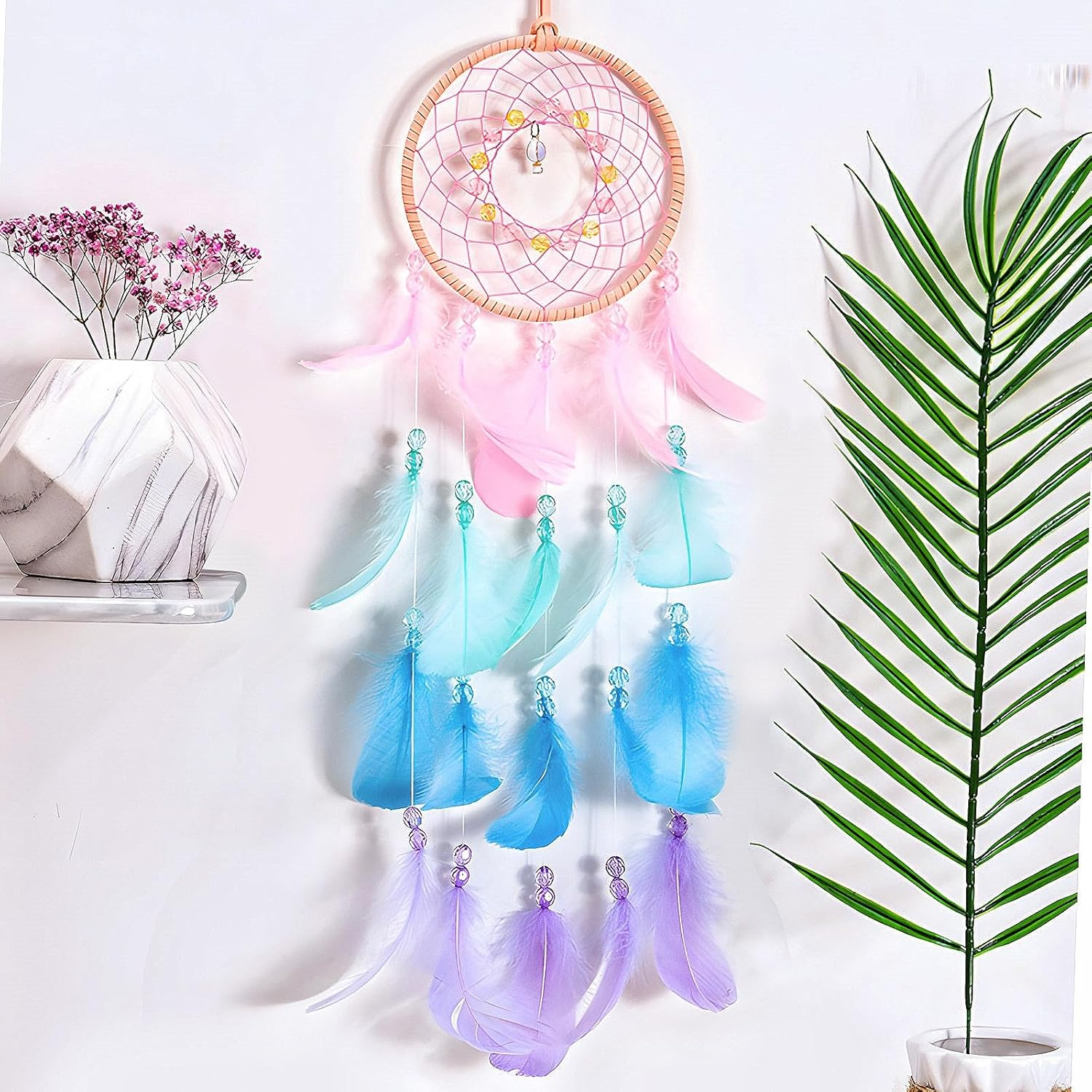 Oundarm Pink Dream Catcher Wall Hanging Ornament with Colorful Feathers Beads for Girls Women Kids Adults, Handmade Dream Catcher Home Decor for Window Nursery Bedrooms Accessory image number 3
