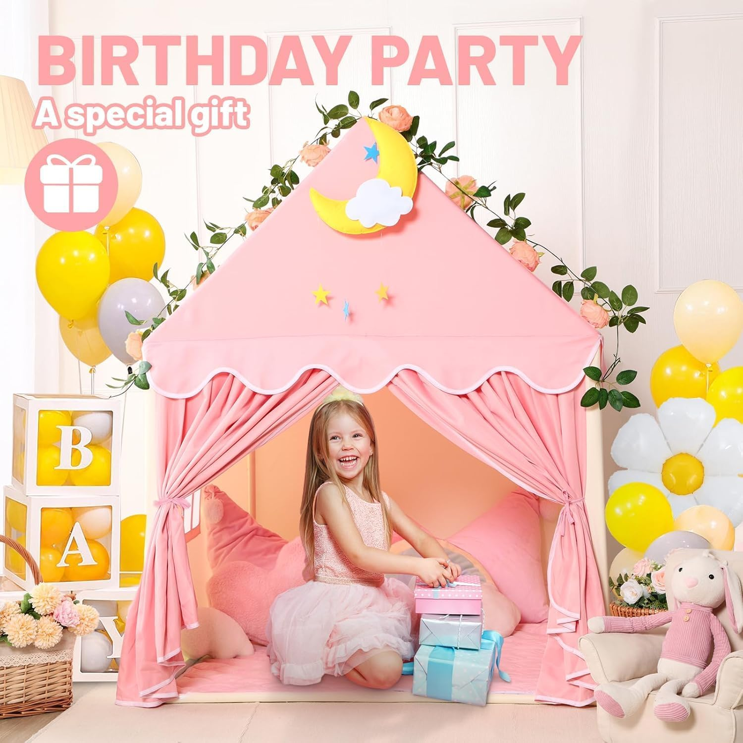 Kid Tent with Lights, Princess Tents for Girls Toy House Toddlers Kids Play Tent Large Indoor Playhouse with Windows and Roll up Door Pink Princess Castle Play Tents Girls & Boys Toy Gifts