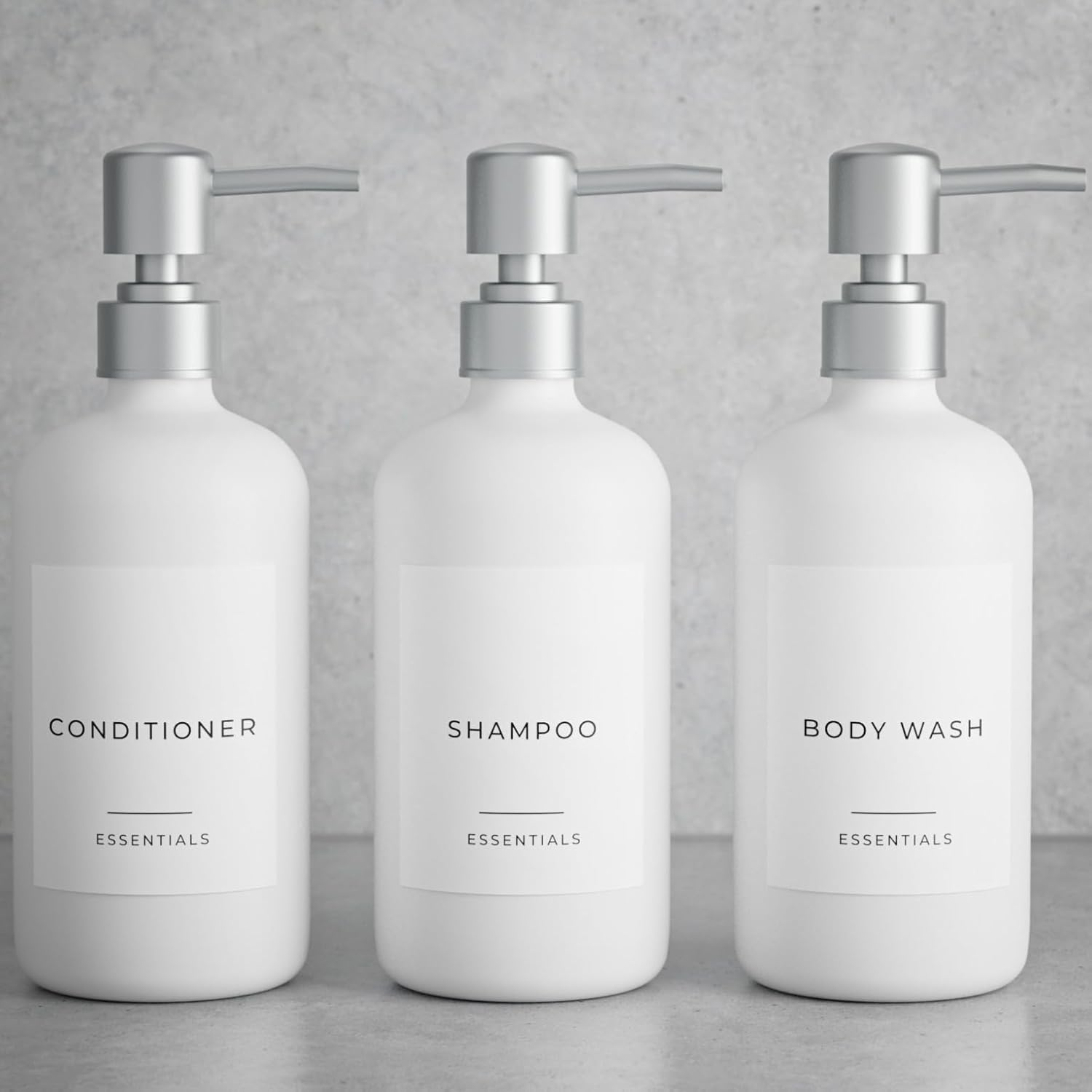 Stylish Shampoo and Conditioner Dispenser Set of 3 - Modern 21Oz Shower Soap Bottles with Pump and Labels - Easy to Refill Body Wash Dispensers for an Instant Bathroom Decor Upgrade - White