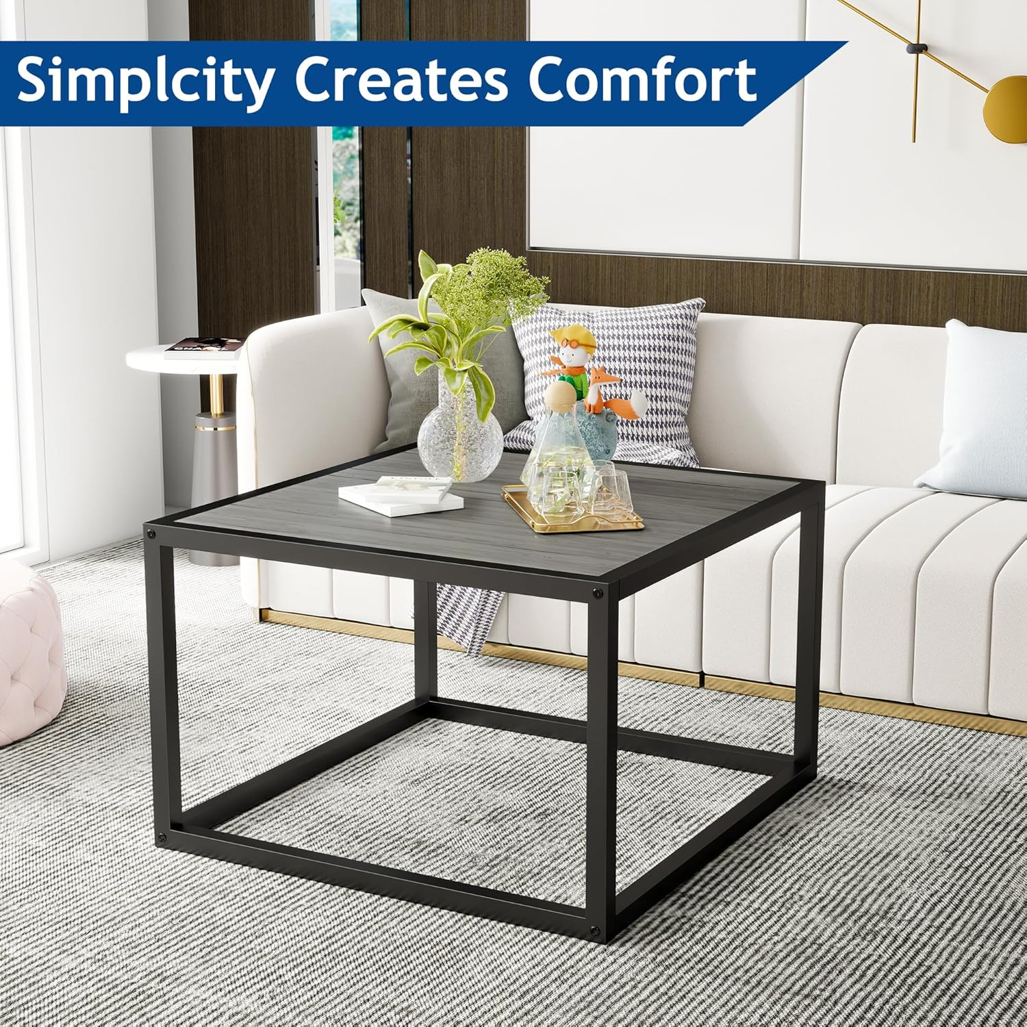 Diolong Square Coffee Table 2 Tier Wooden End Table, Central Table with Open Storage Space for Living Room, Modern Side Table, Grey image number 4