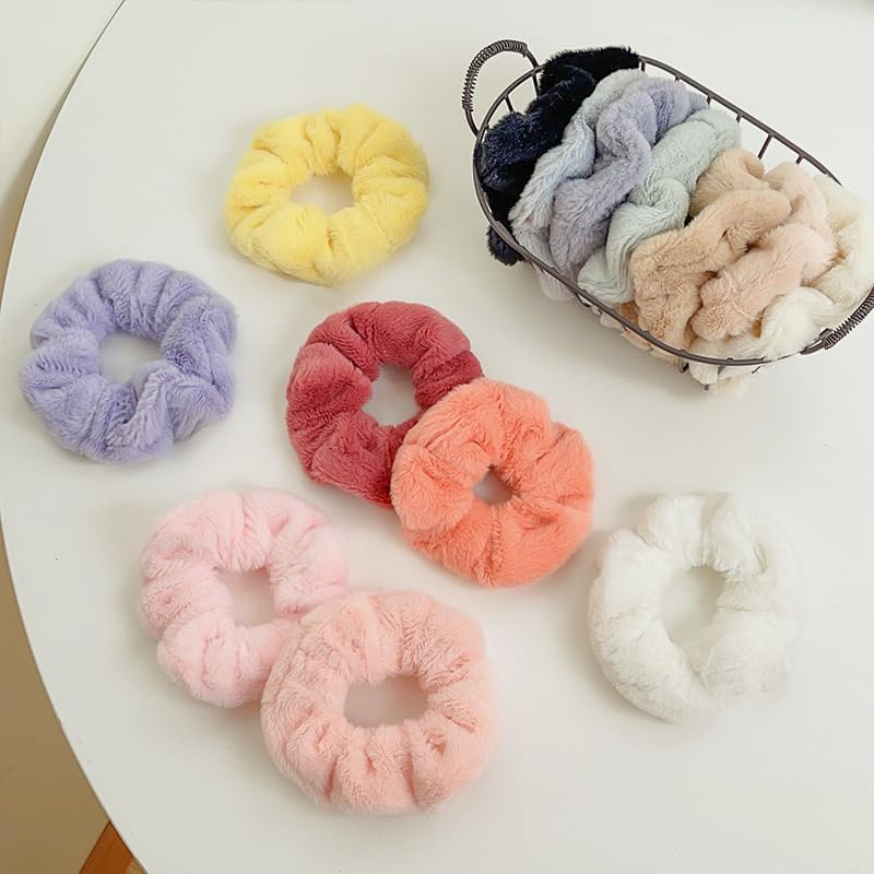 Pack of 12 Scrunchies Hair Bobbles Fluffy Elastic Plush Hair Bands Hair Accessories Faux Fur Hairband Ponytail Hair Accessories for Women Girls - Black image number 2