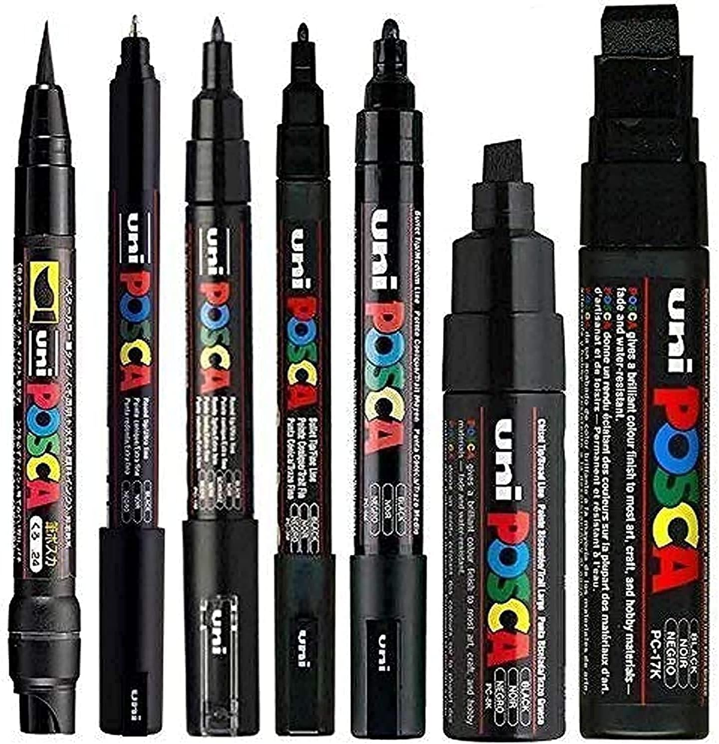 Uni POSCA Mixed Marker Pack - 7 Paint Markers in Various Sizes - Brush, 1Mr, 1M, 3M, 5M, 8K, 17K (Black)