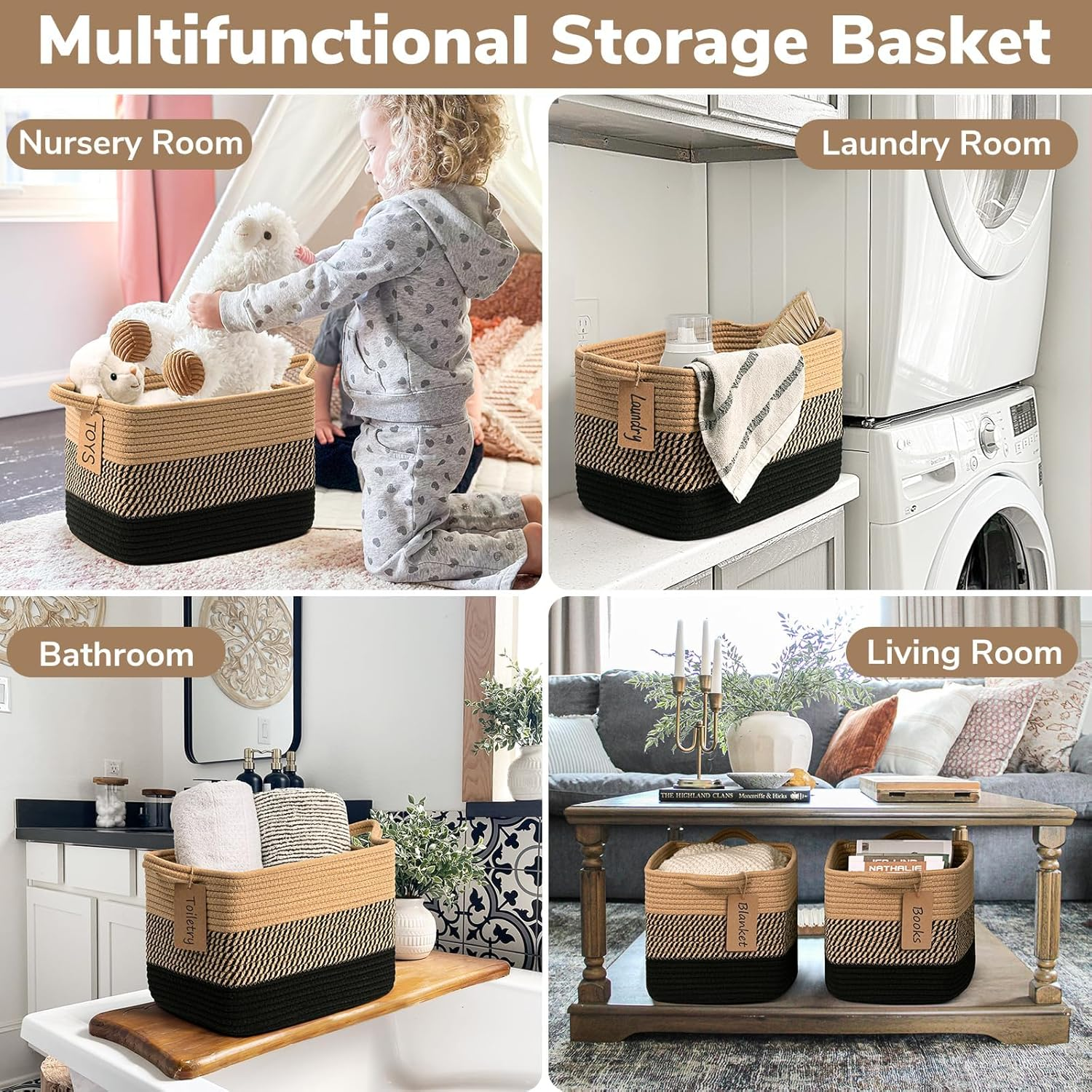 Storage Basket, Woven Baskets for Shelves, Cotton Rope Basket for Toys, Towel Baskets for Bedroom, 33 X 25 X 23Cm, 3 Pack, Black Jute image number 2