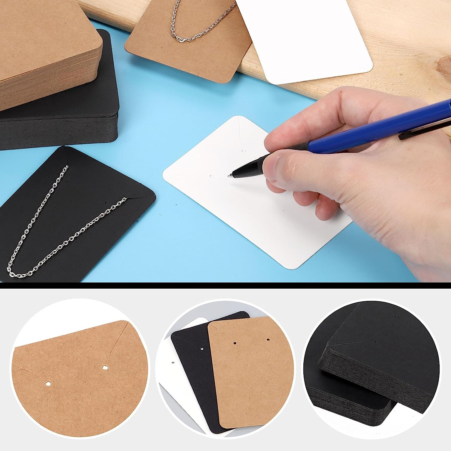 Hilitchi 550Pcs Square Earring Kit - 150Pcs 3.5"X2.4" Necklace Display Cards, 200Pcs Earring Backs, 200Pcs Self-Sealing Bags (Black/White/Brown) - White image number 4