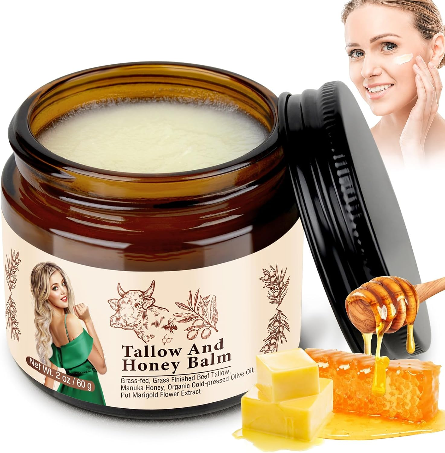 Beef Tallow Cream for Skin, Organic Beef Tallow Face Cream for Dry Skin, Deep Moisturizing Tallow Body Butter Lotion for Cracked Skin, Beef Tallow Moisturizer, 2 OZ. image number 2