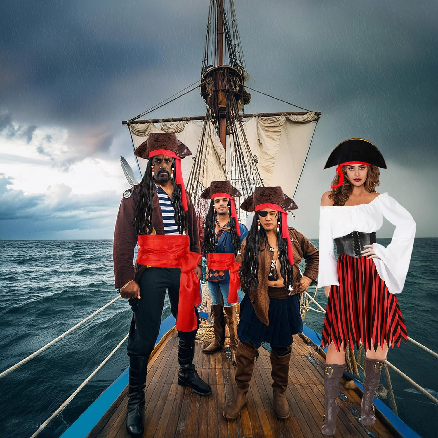 Pirate Costume Adult Halloween Costumes Women Pirate Shirt and Skirt Outfit with Hat Corset Eye Patch Accessories (White-Red Striped, XL)