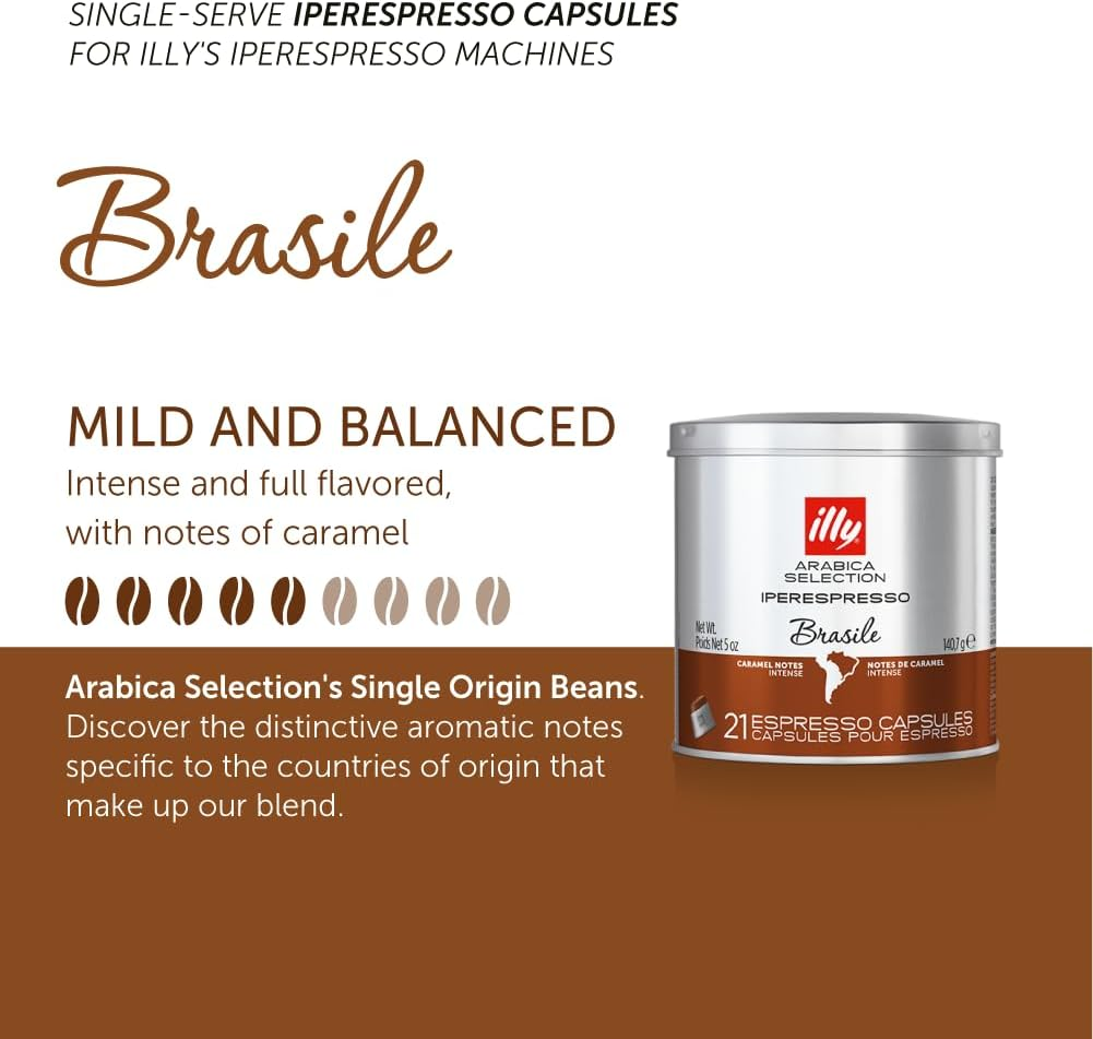 Illy Arabica Selection Brazil Espresso Capsules, 21 Count - Rich Brazilian Coffee Flavor - Compatible with Espresso Machines - Smooth, Balanced, and Velvety - Dark Roast, 100% Arabica Beans - 21 Count (Pack Of 1), 100 Arabica image number 5