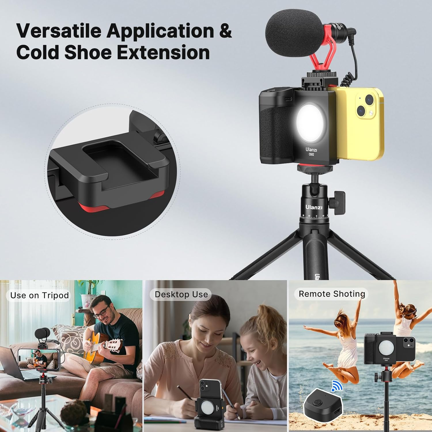ULANZI CG02 Ungraded Cell Phone Camera Grip, Phone Tripod Mount with Detachable Wireless Bluetooth,Three-Gear Adjustable Fill Light for Iphone Samsung Google Android Phones Video/Photo Shooting image number 5