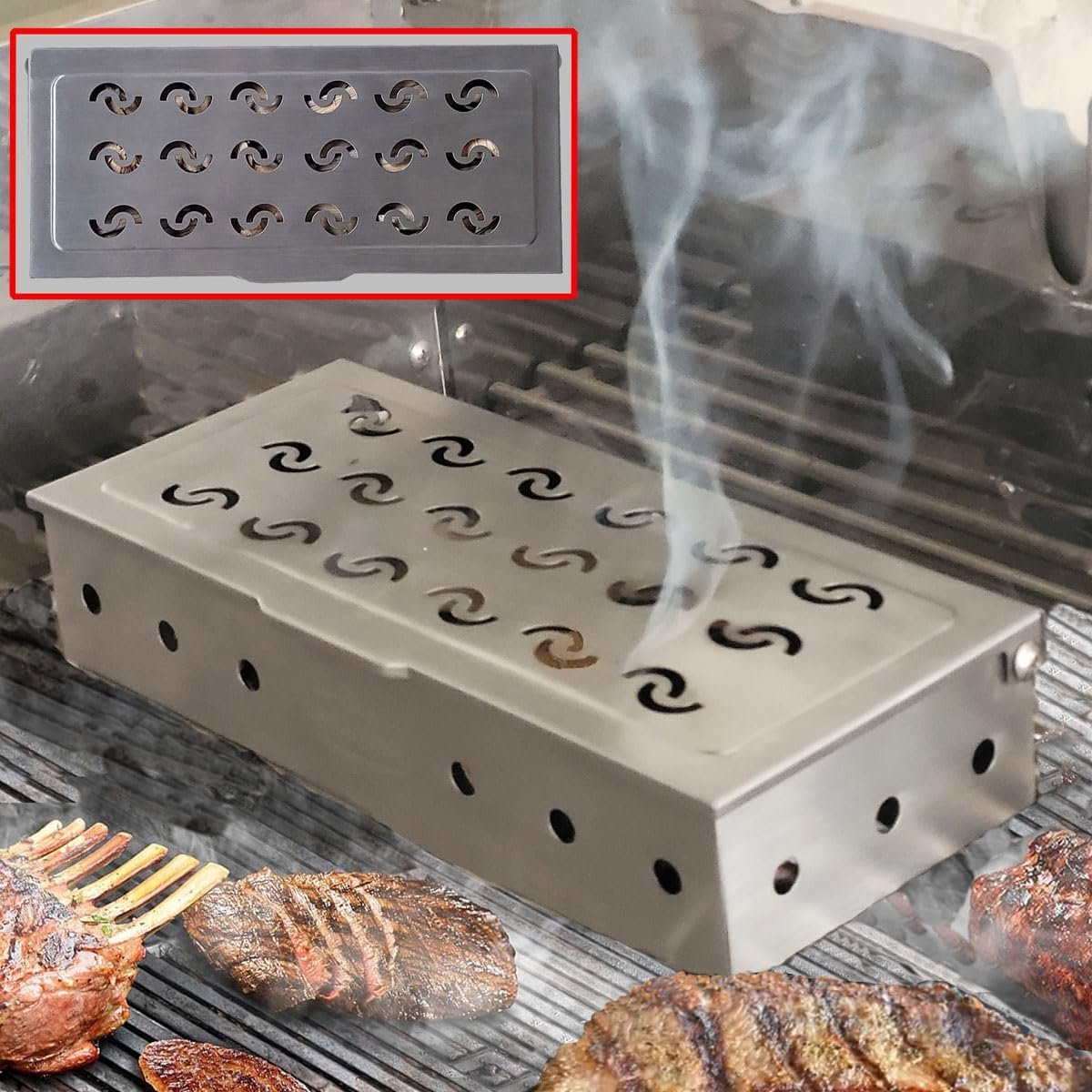 La Cuisine Smoker Box for Charcoal & Gas Grill Stainless Steel - BBQ Wood Chip Smoker Box, Enhance Grilling Flavors for BBQ, 9" L X 4" W X 2" H image number 2