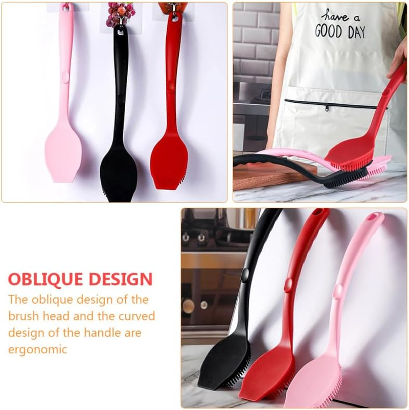 Operitacx Long Handle Silicone Dish Washing Brush for Kitchen Pots Pans and Sinks with Elastic Bristles and Hanging Loop Easy Storage - Red image number 7